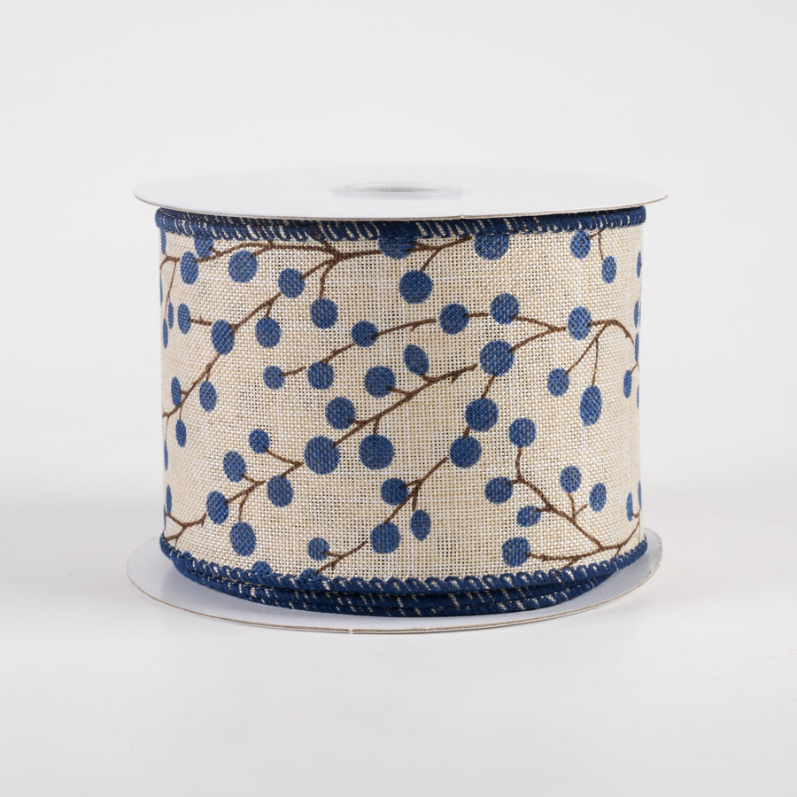 2.5" Linen Blue Berries & Branches Ribbon: Natural (10 Yards) Item Number: 61308-40-27