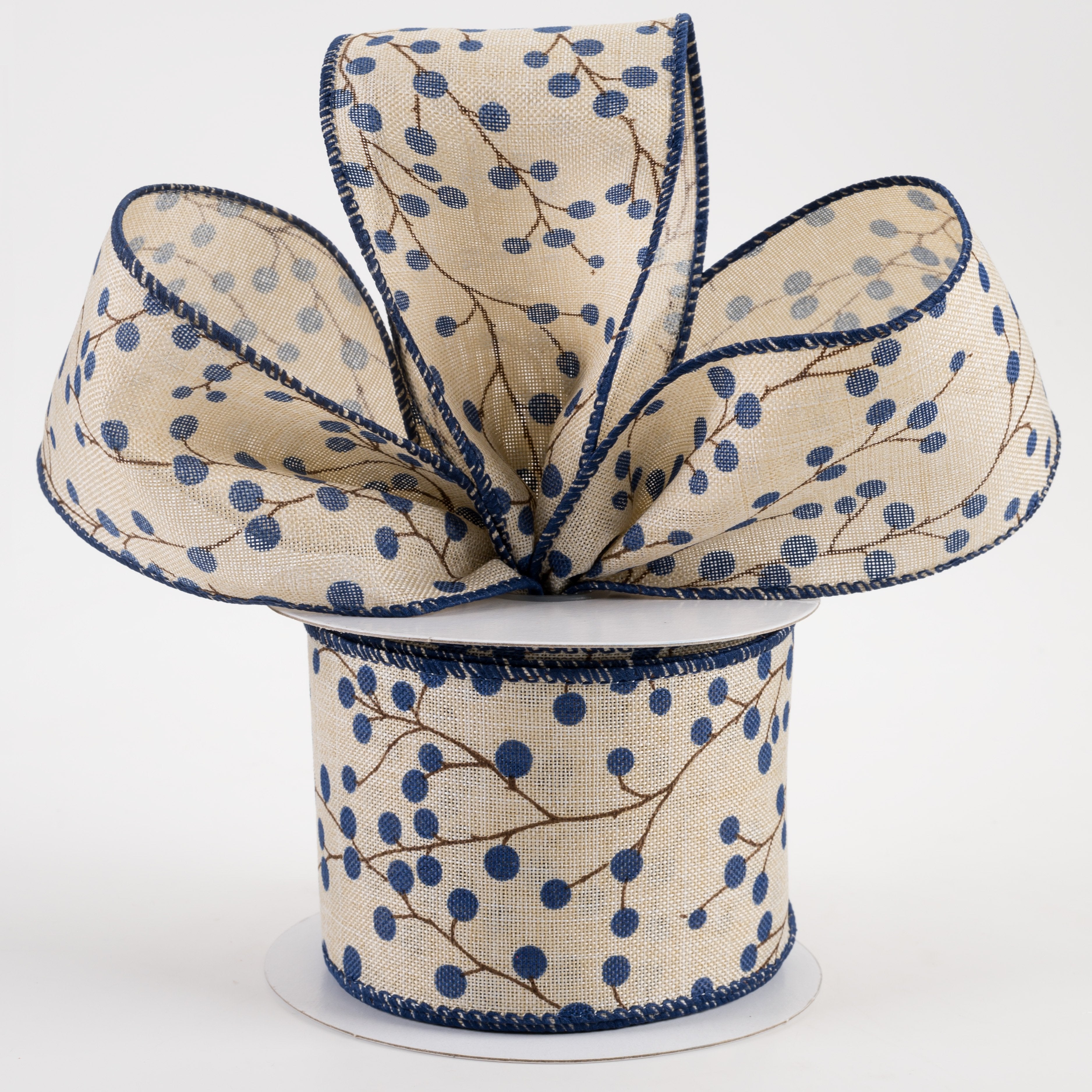 2.5" Linen Blue Berries & Branches Ribbon: Natural (10 Yards) Lifestyle Photo