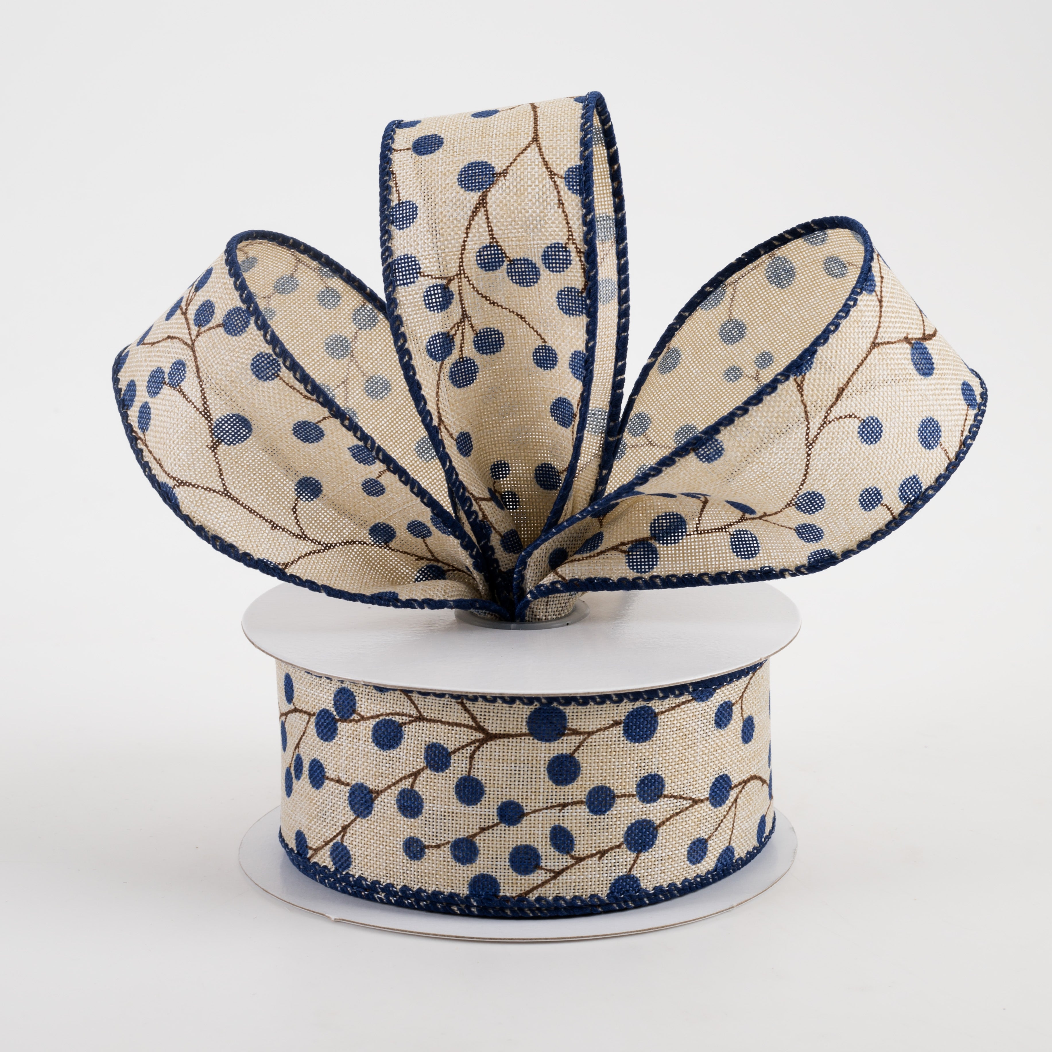 1.5" Linen Blue Berries & Branches Ribbon: Natural (10 Yards) Lifestyle Photo