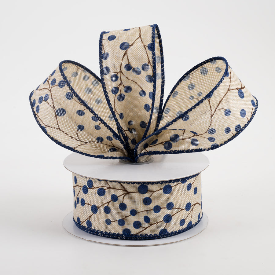 1.5" Linen Blue Berries & Branches Ribbon: Natural (10 Yards) Lifestyle Photo