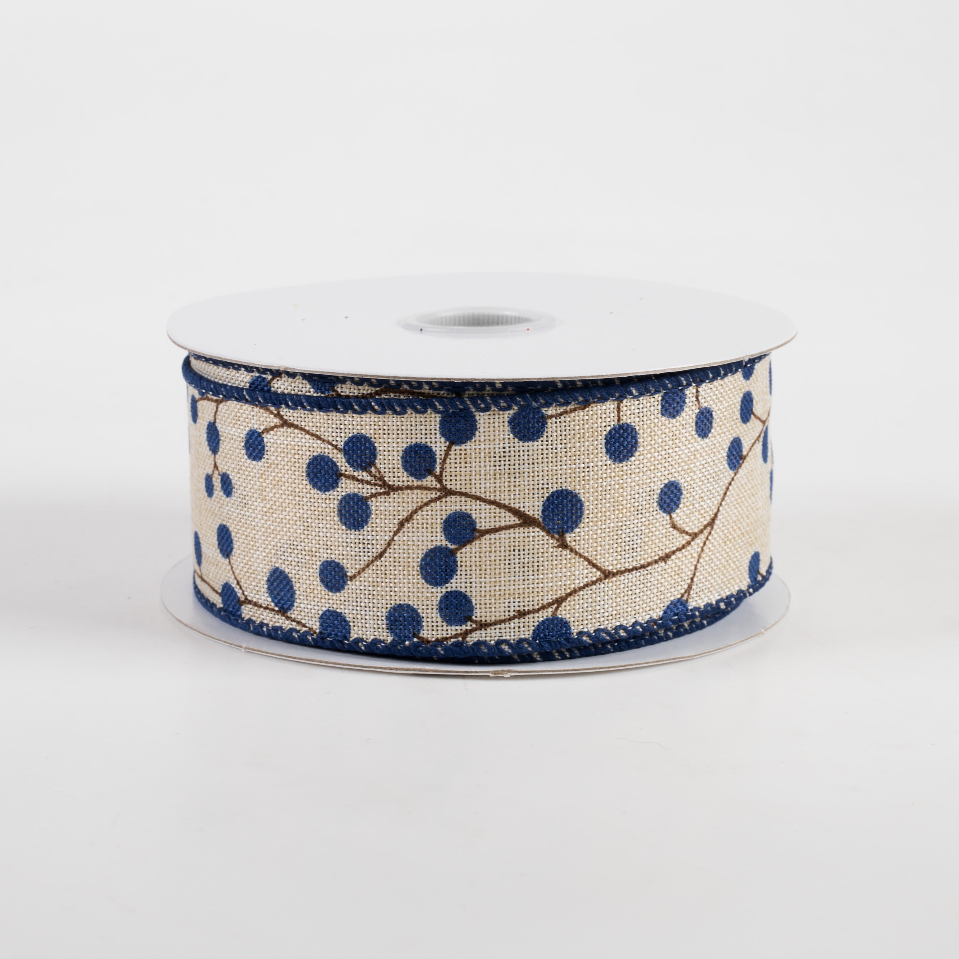 1.5" Linen Blue Berries & Branches Ribbon: Natural (10 Yards)