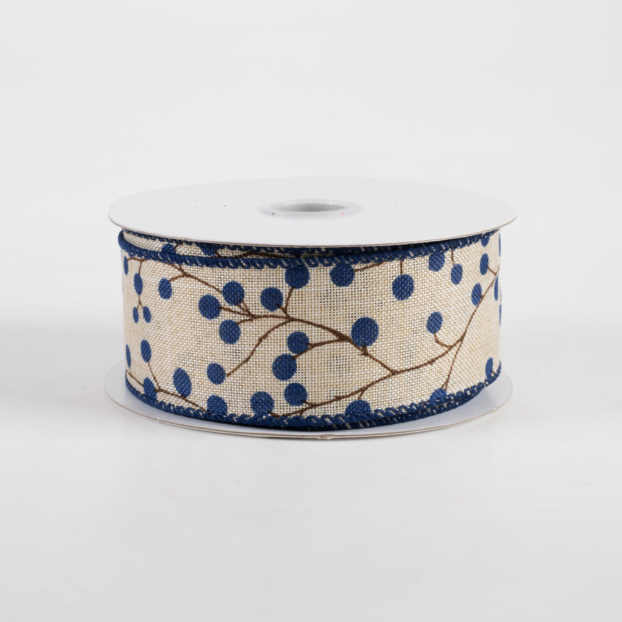1.5" Linen Blue Berries & Branches Ribbon: Natural (10 Yards)