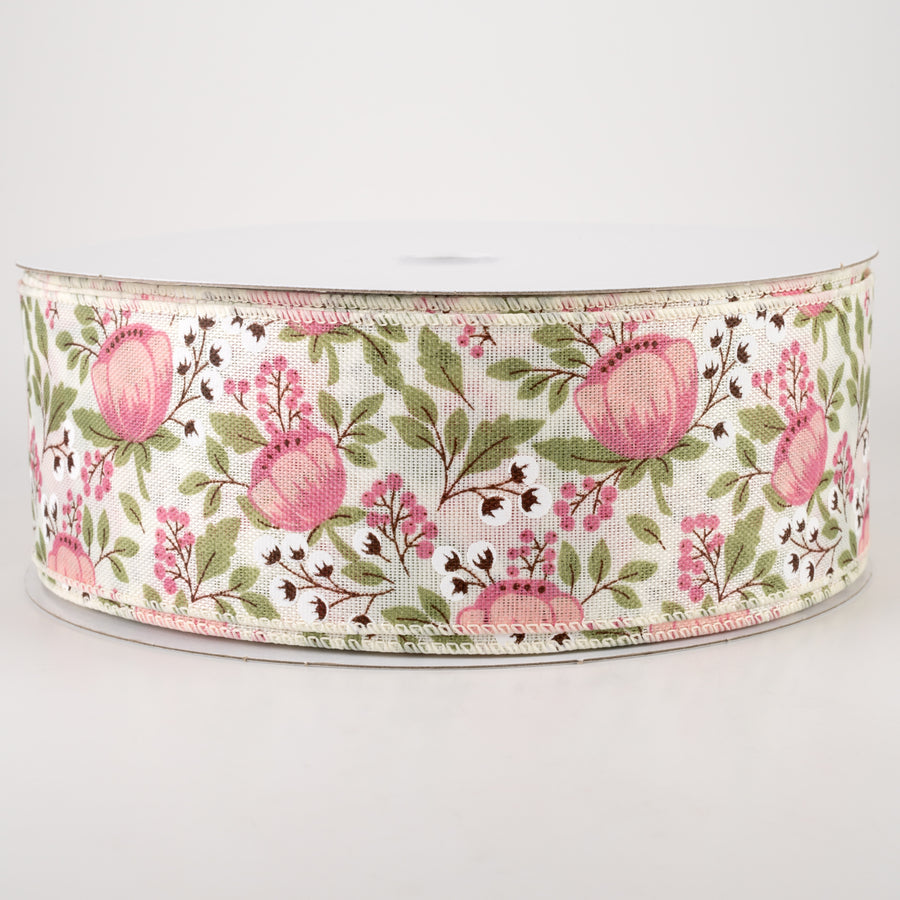 2.5" Linen Blush Peonies & Cotton Ribbon: Ivory (50 Yards)