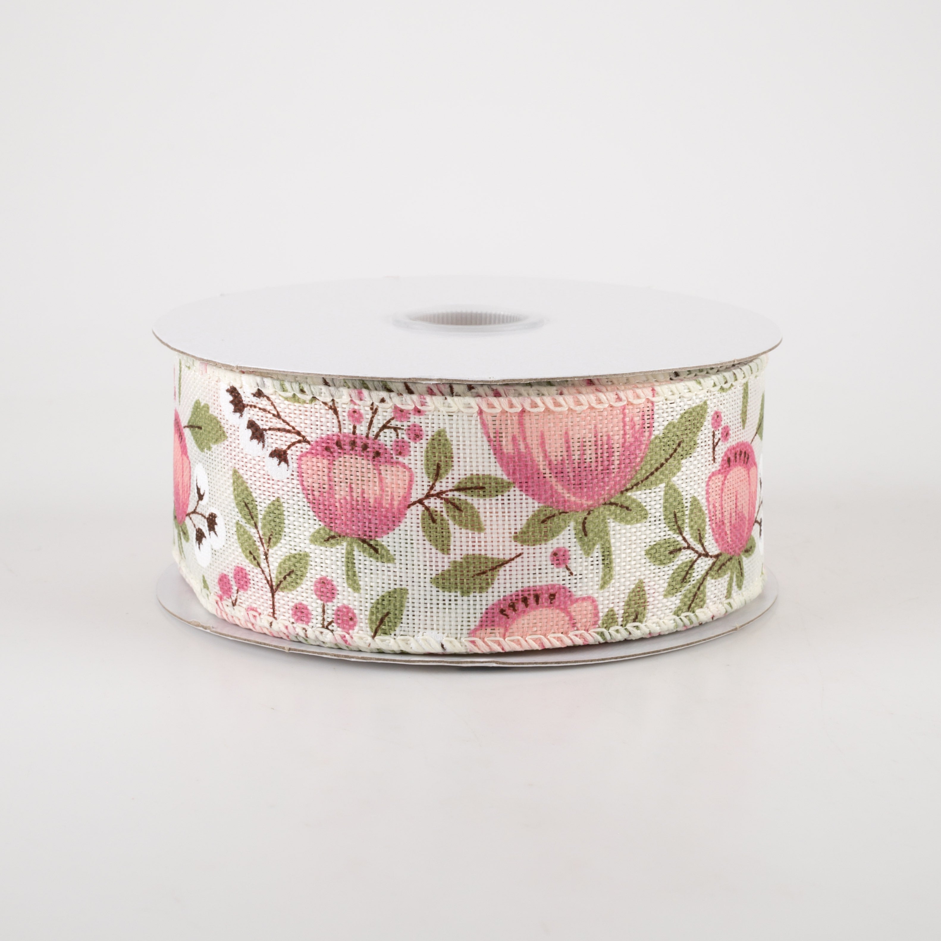 1.5" Linen Blush Peonies & Cotton Ribbon: Ivory (10 Yards)
