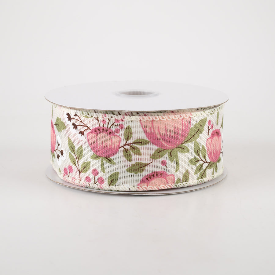 1.5" Linen Blush Peonies & Cotton Ribbon: Ivory (10 Yards)