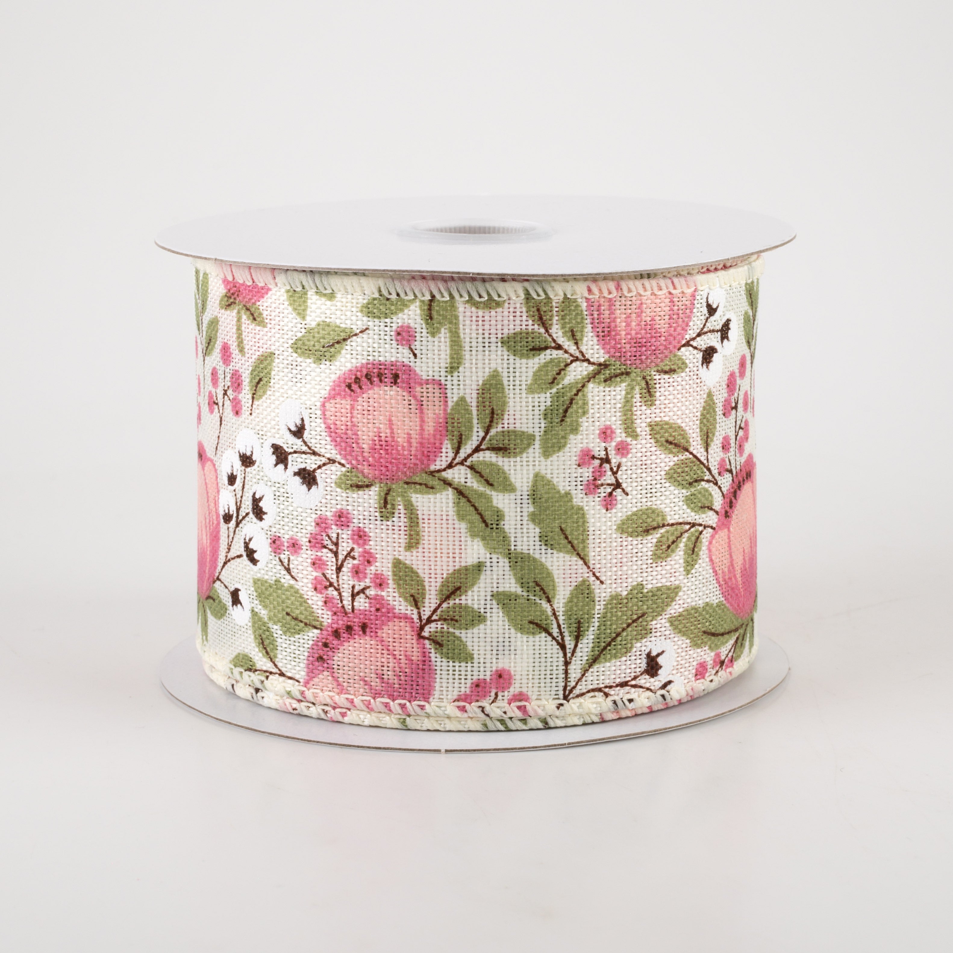 2.5" Linen Blush Peonies & Cotton Ribbon: Ivory (10 Yards)