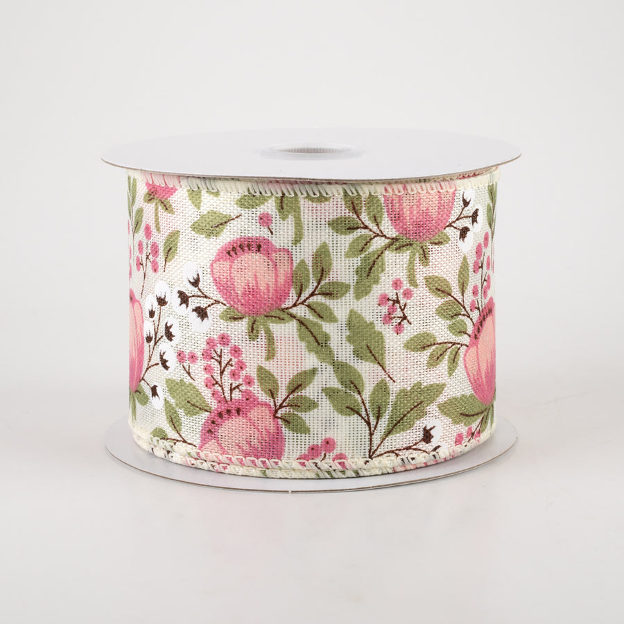 2.5" Linen Blush Peonies & Cotton Ribbon: Ivory (10 Yards)