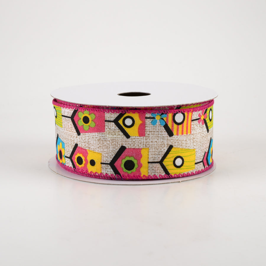 1.5" Linen Bright Birdhouses Ribbon: Natural (10 Yards)