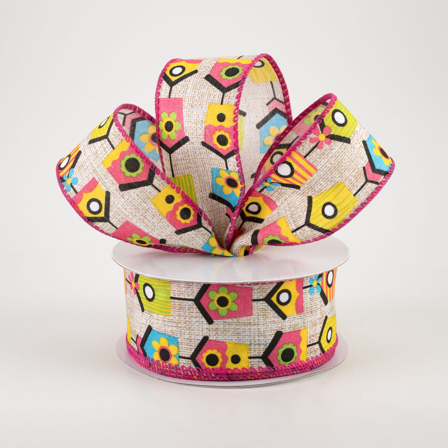 1.5" Linen Bright Birdhouses Ribbon: Natural (10 Yards) Lifestyle Photo
