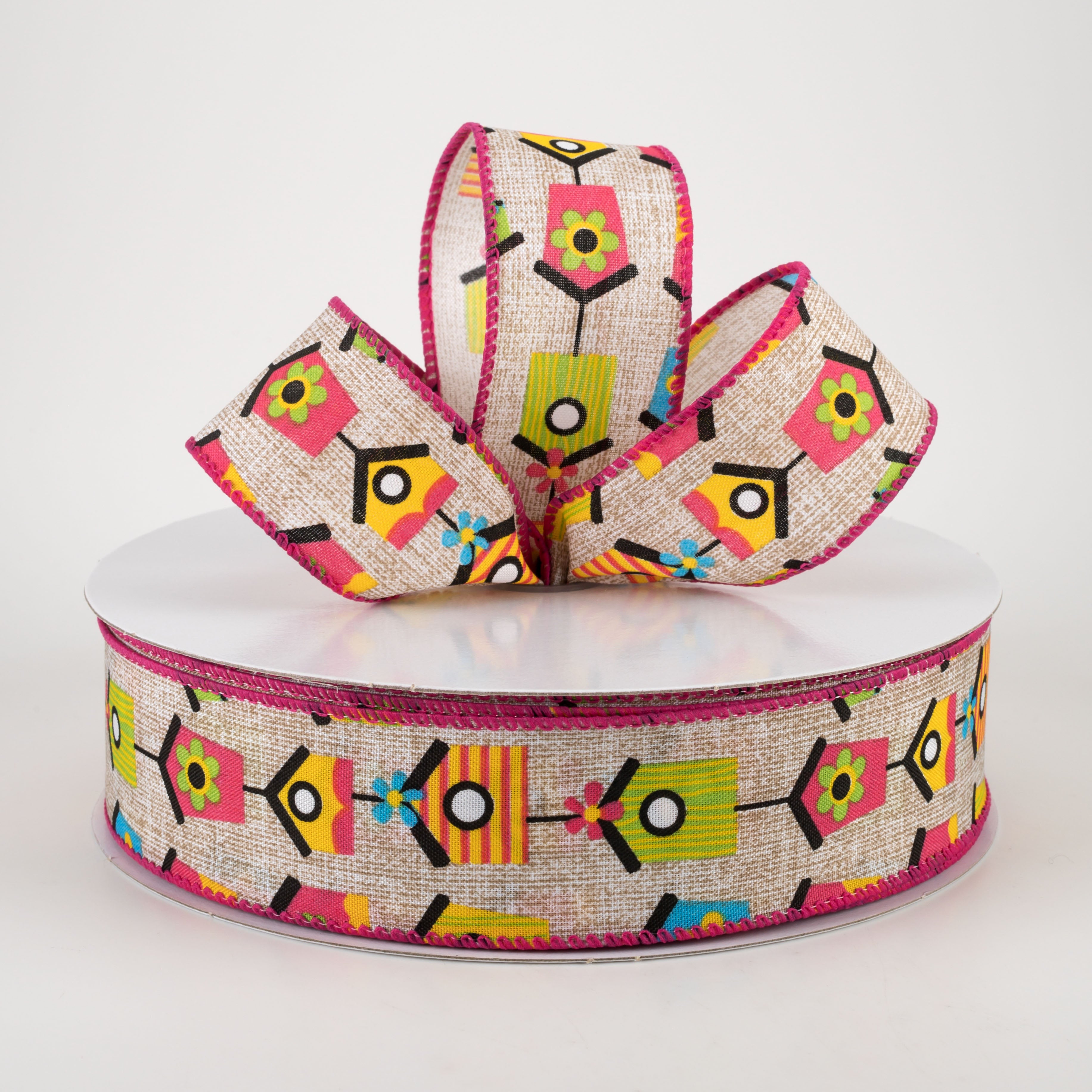 1.5" Linen Bright Birdhouses Ribbon: Natural (50 Yards) Lifestyle Photo