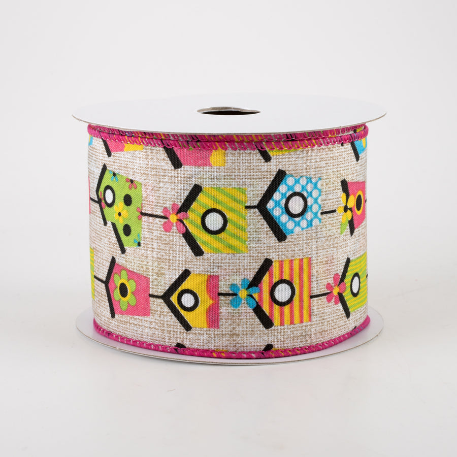 2.5" Linen Bright Birdhouses Ribbon: Natural (10 Yards)