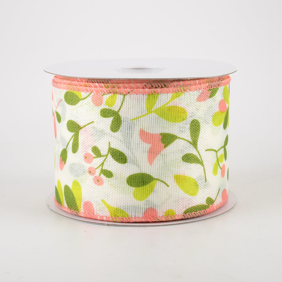 2.5" Linen Buds & Berries Ribbon: Coral on White (10 Yards)