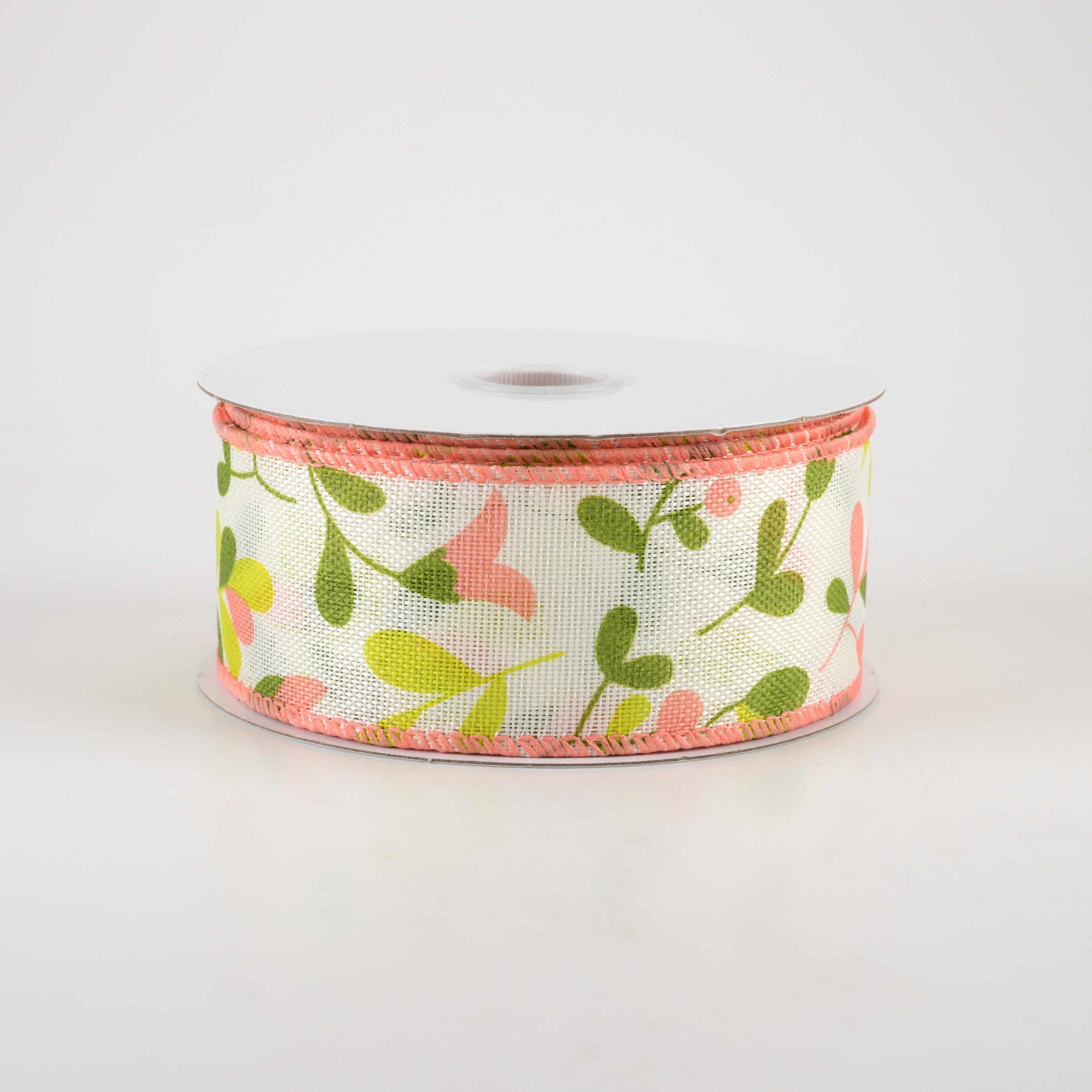 1.5" Linen Buds & Berries Ribbon: Coral on White (10 Yards) Item Number: 41262-09-46