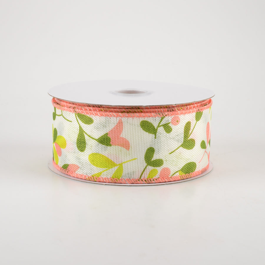 1.5" Linen Buds & Berries Ribbon: Coral on White (10 Yards) Item Number: 41262-09-46