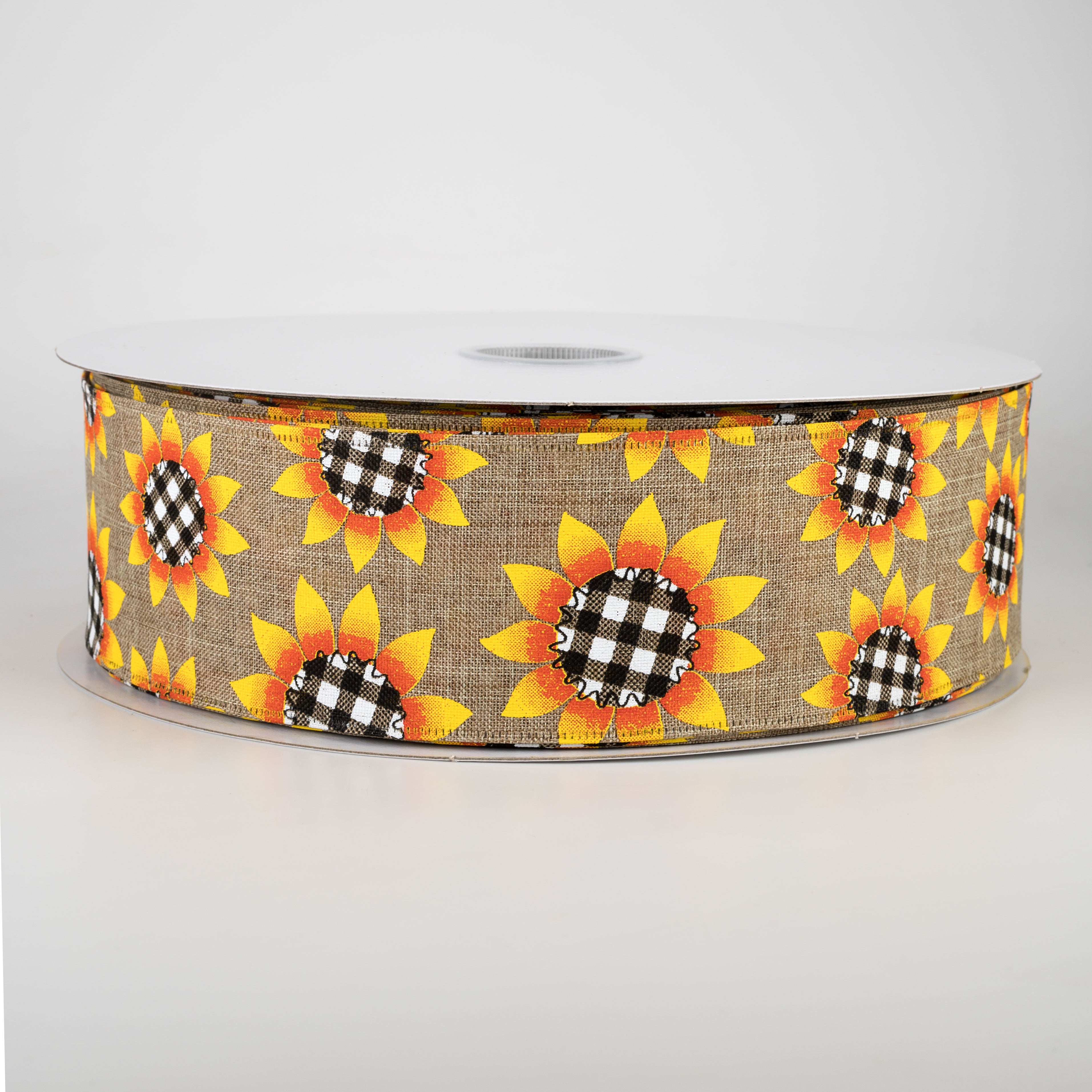 2.5" Linen Buffalo Plaid Sunflower Ribbon: Natural (50 Yards)