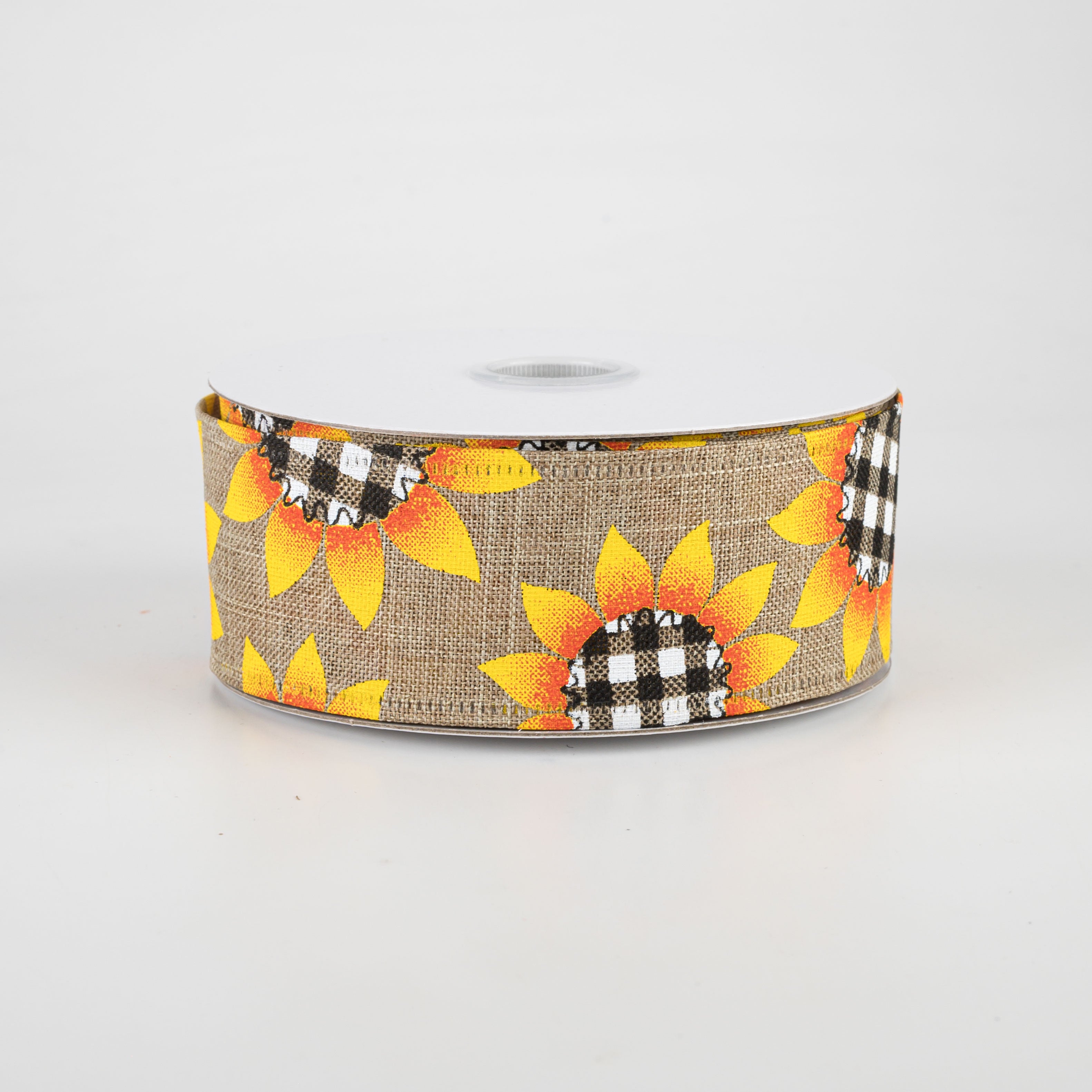 1.5" Linen Buffalo Plaid Sunflower Ribbon: Natural (10 Yards)