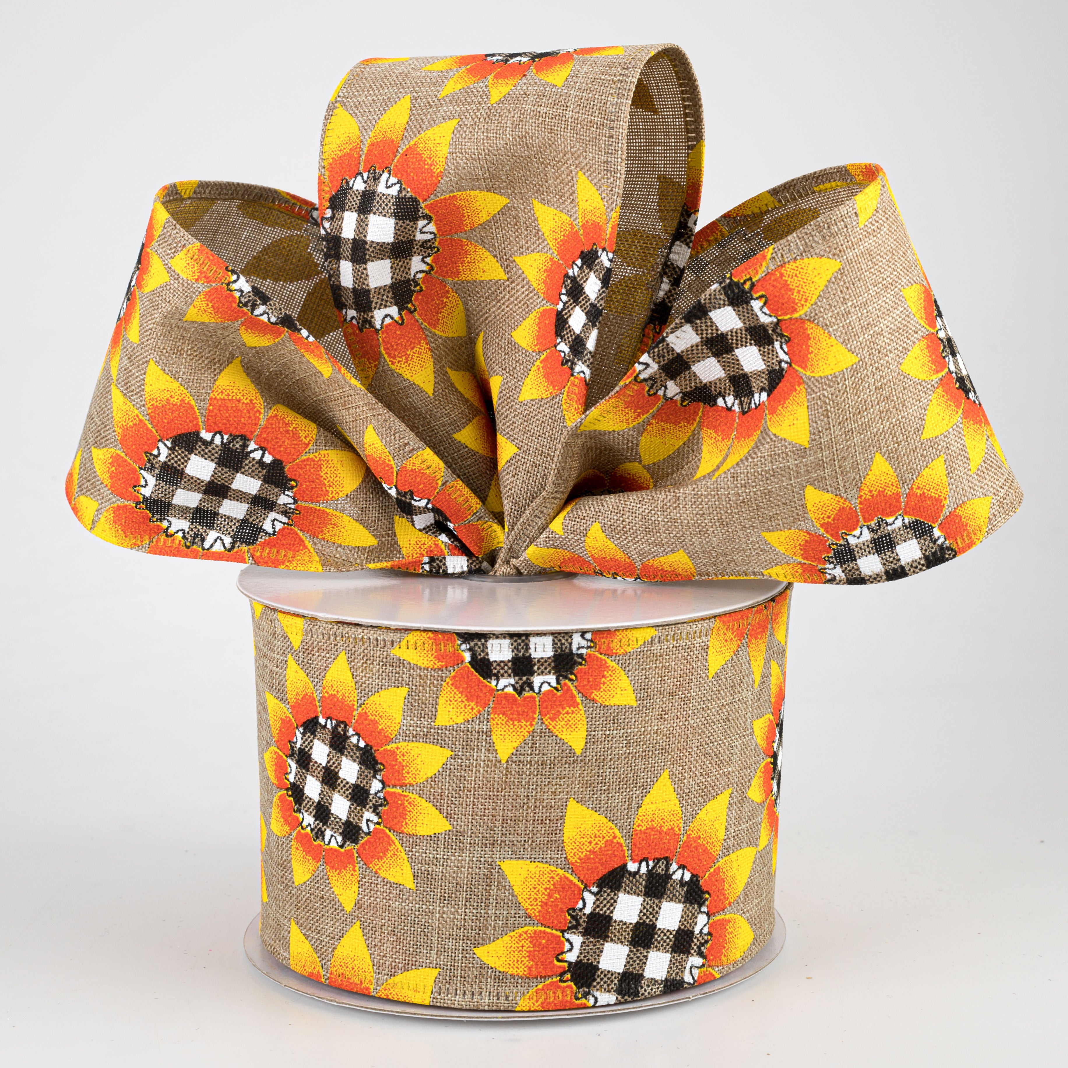 2.5" Linen Buffalo Plaid Sunflower Ribbon: Natural (10 Yards) Lifestyle Photo