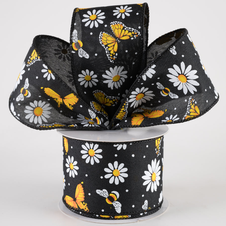 2.5" Linen Butterflies, Bees and Daisies Ribbon: Black (10 Yards) Lifestyle Photo