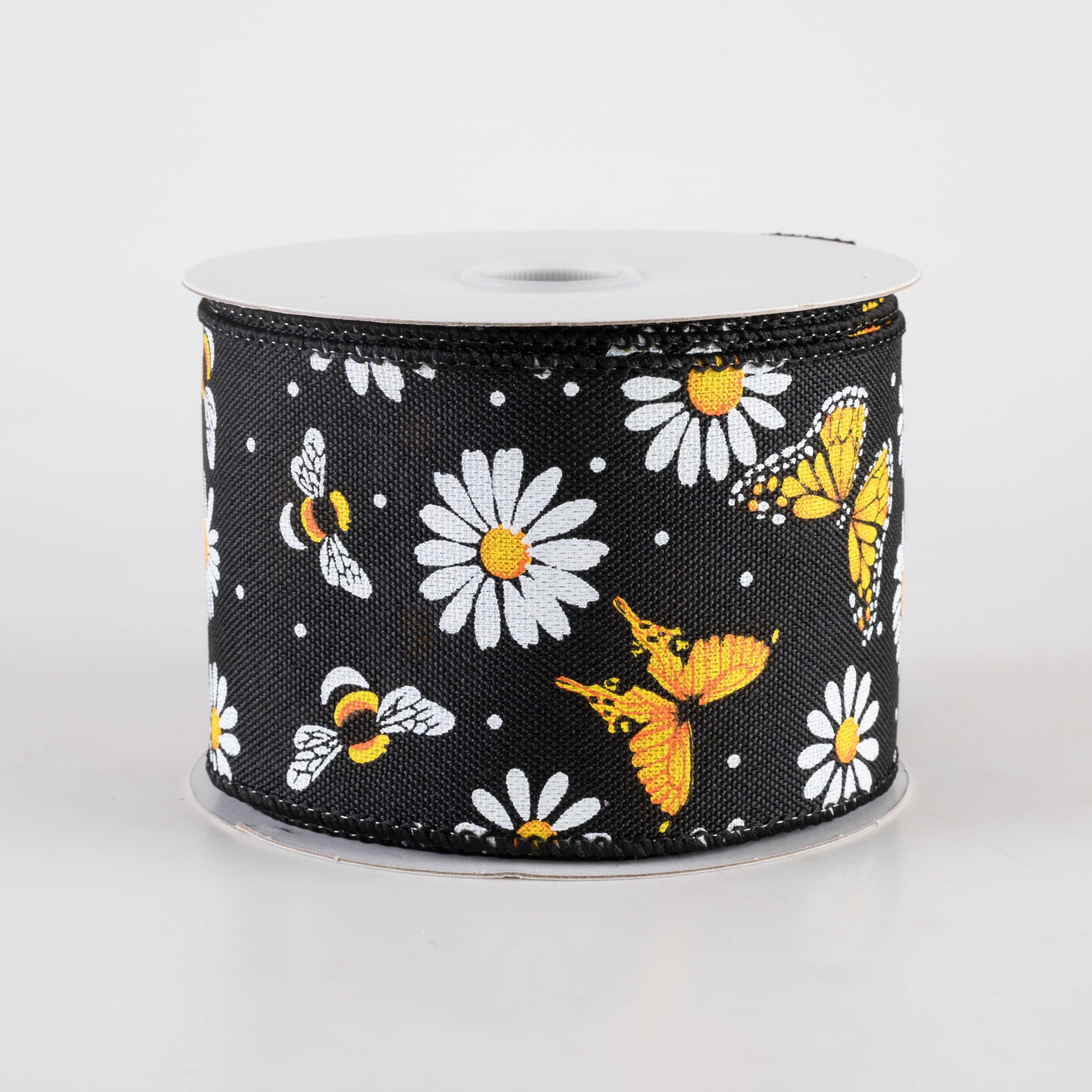 2.5" Linen Butterflies, Bees and Daisies Ribbon: Black (10 Yards)