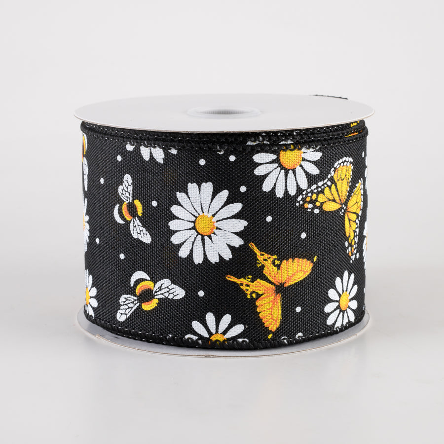 2.5" Linen Butterflies, Bees and Daisies Ribbon: Black (10 Yards)