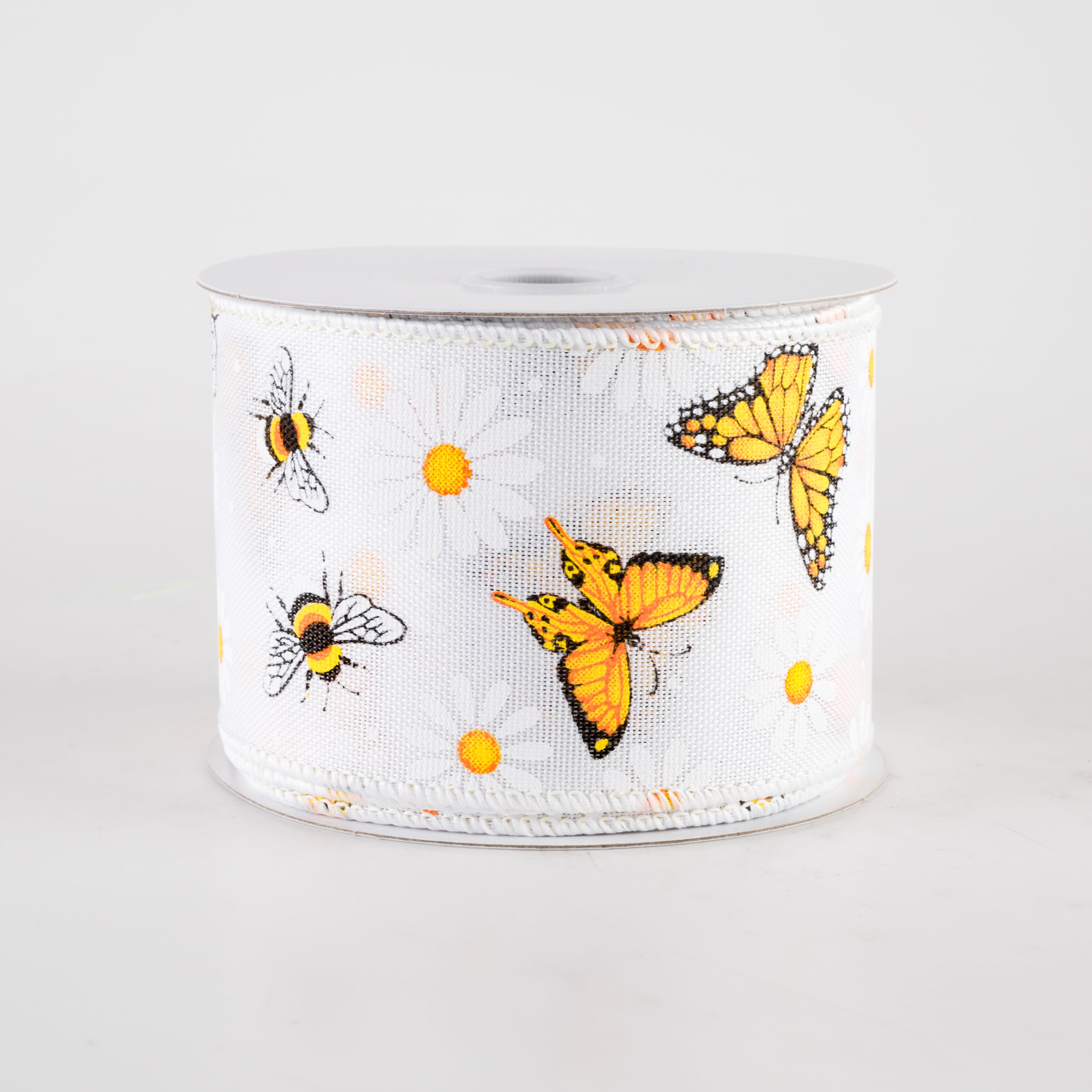 2.5" Linen Butterflies, Bees and Daisies Ribbon: White (10 Yards)