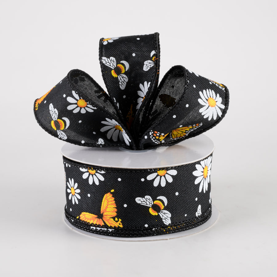1.5" Linen Butterfly, Bees, Daisies Ribbon: Black (10 Yards) Lifestyle Photo