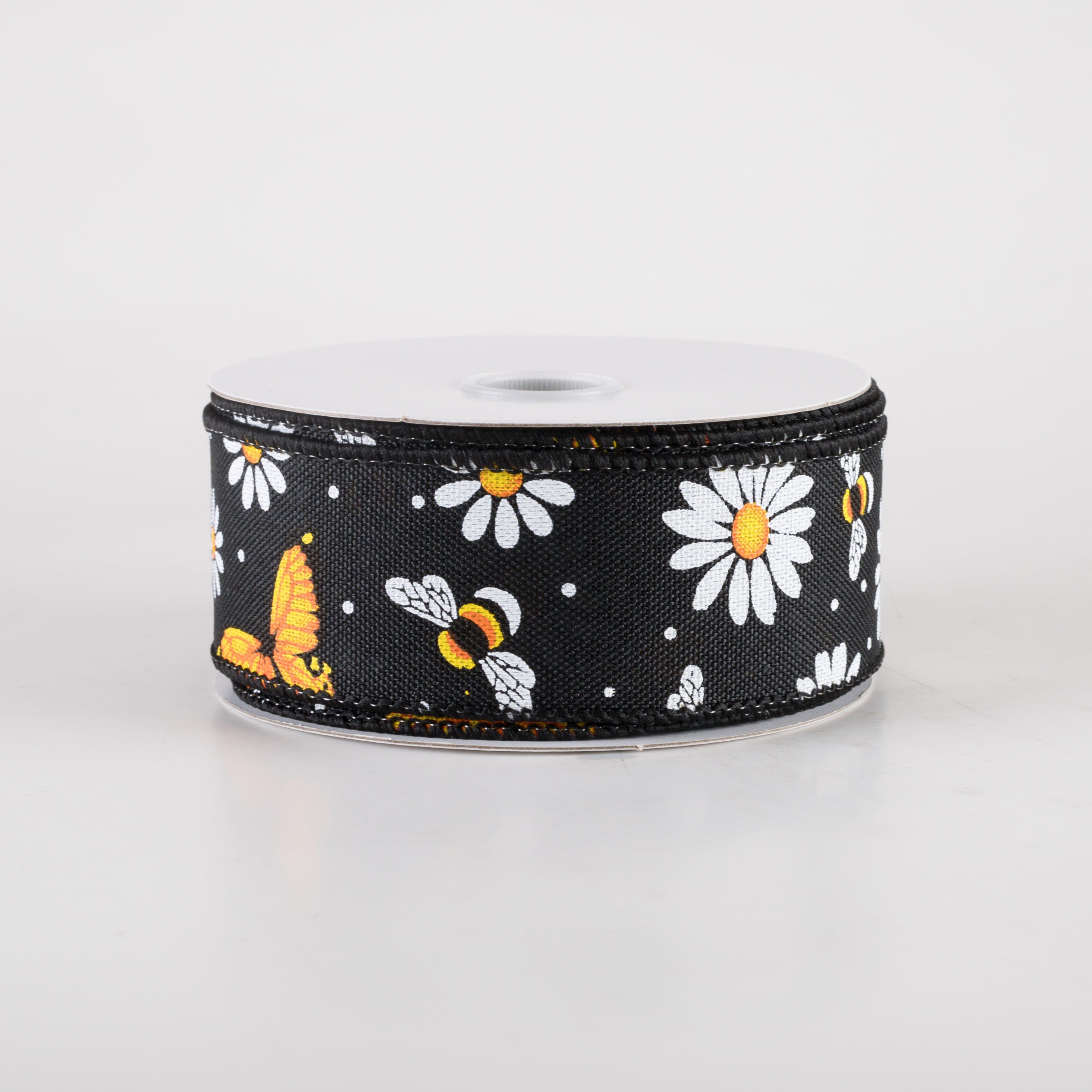 1.5" Linen Butterfly, Bees, Daisies Ribbon: Black (10 Yards)