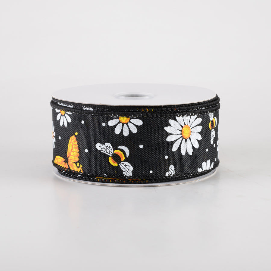 1.5" Linen Butterfly, Bees, Daisies Ribbon: Black (10 Yards)
