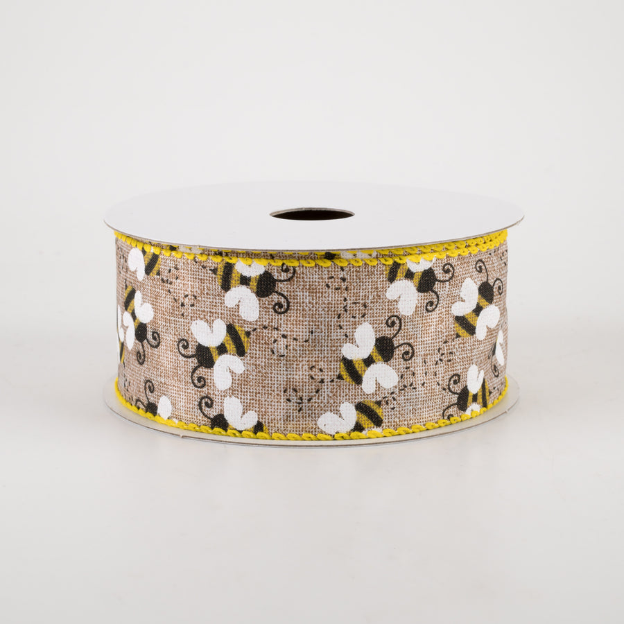 1.5" Linen Buzzing Bees Ribbon: Natural (10 Yards)