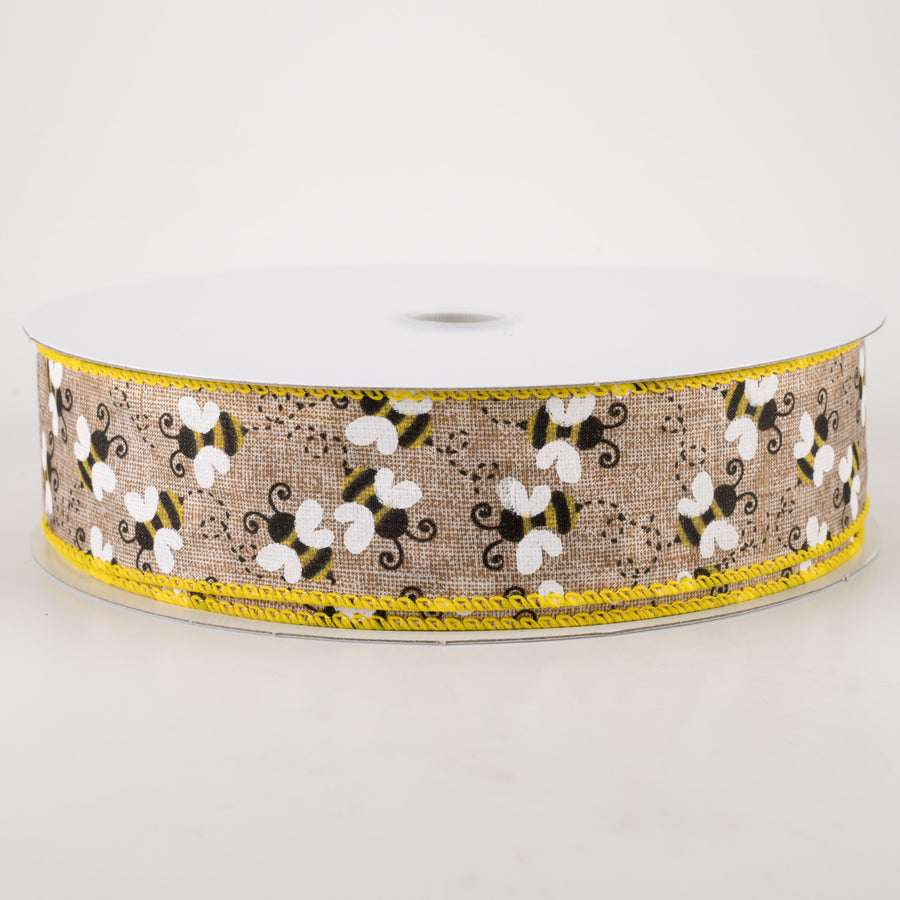 1.5" Linen Buzzing Bees Ribbon: Natural (50 Yards) Item Number: 841-09-229