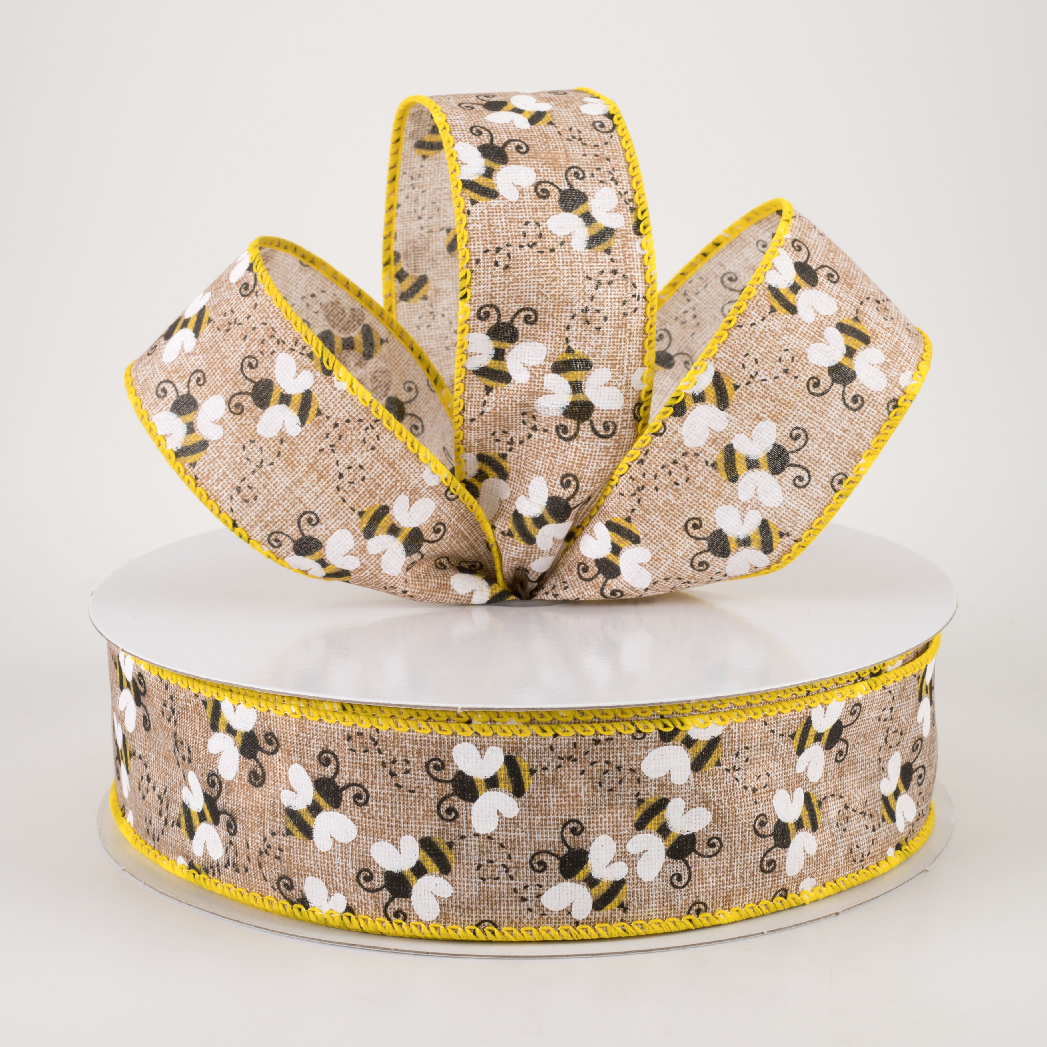1.5" Linen Buzzing Bees Ribbon: Natural (50 Yards) Lifestyle Photo
