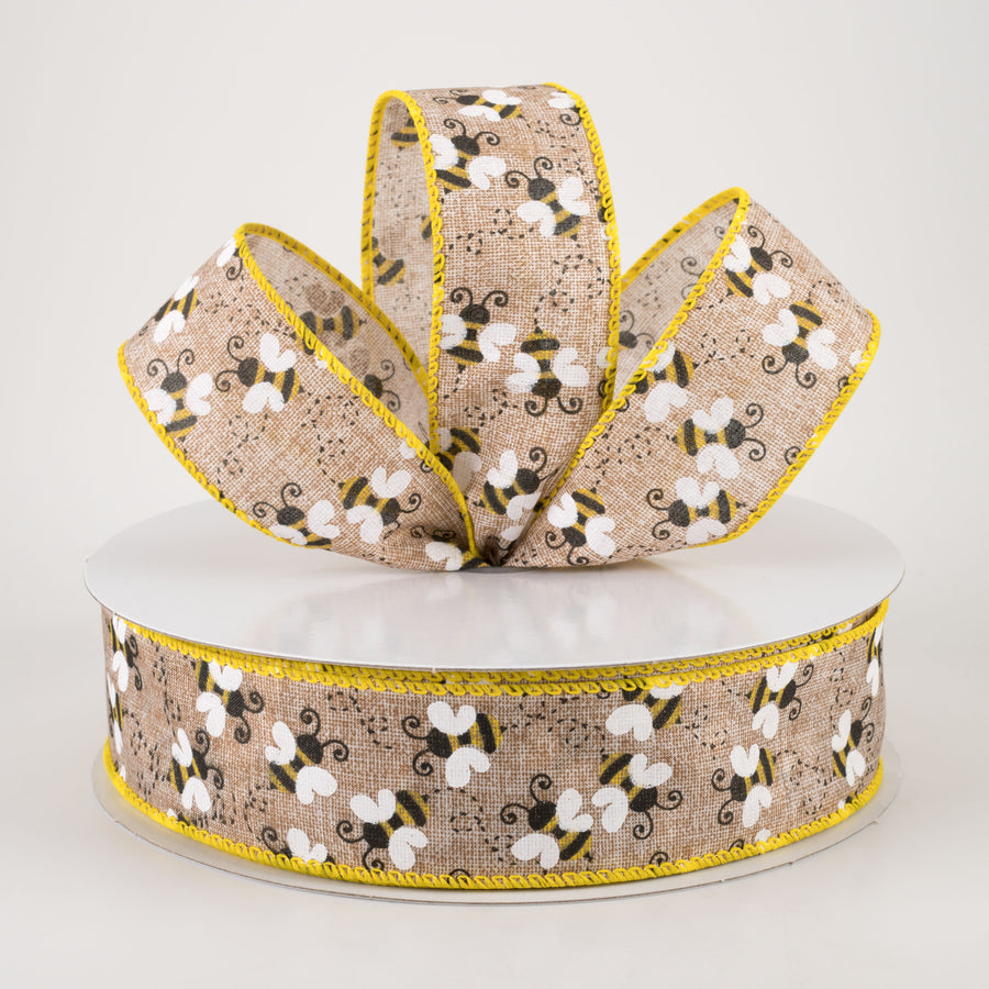 1.5" Linen Buzzing Bees Ribbon: Natural (50 Yards) Lifestyle Photo