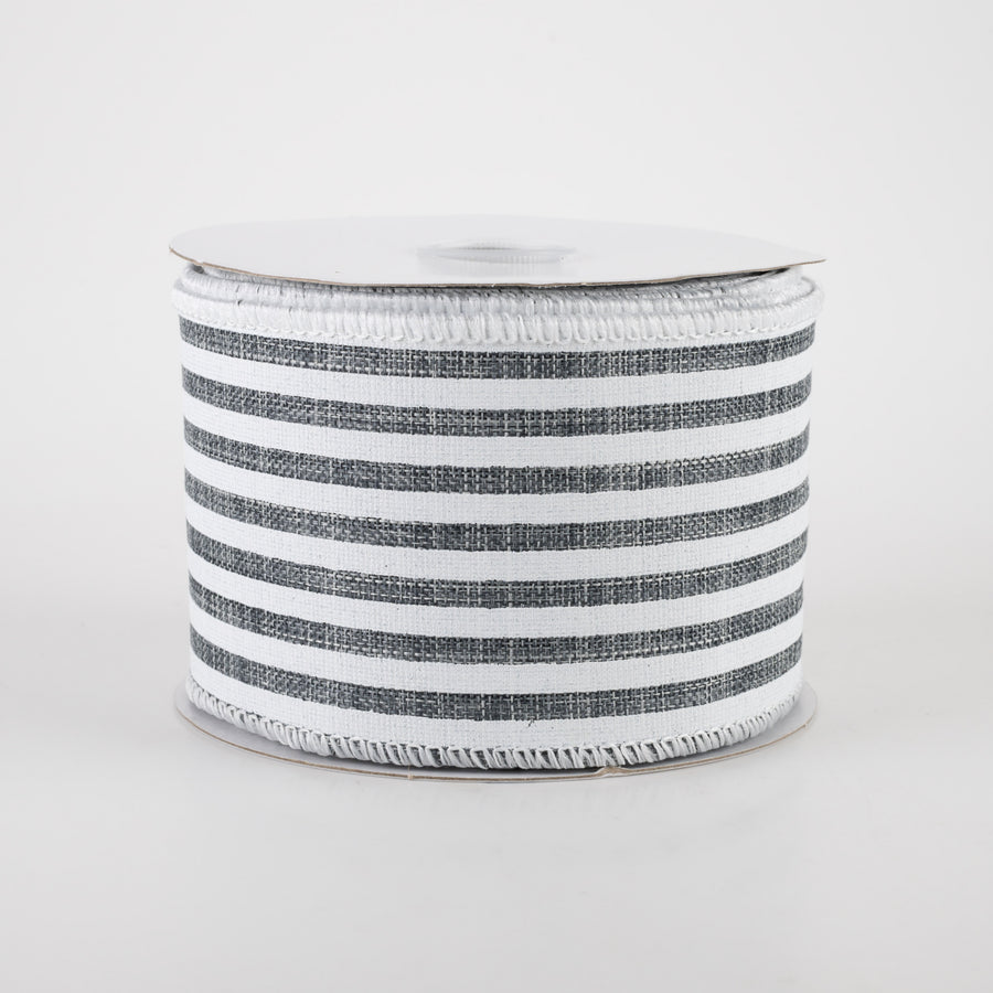 2.5" Linen Cabana Stripes Ribbon: Grey & White (10 Yards)