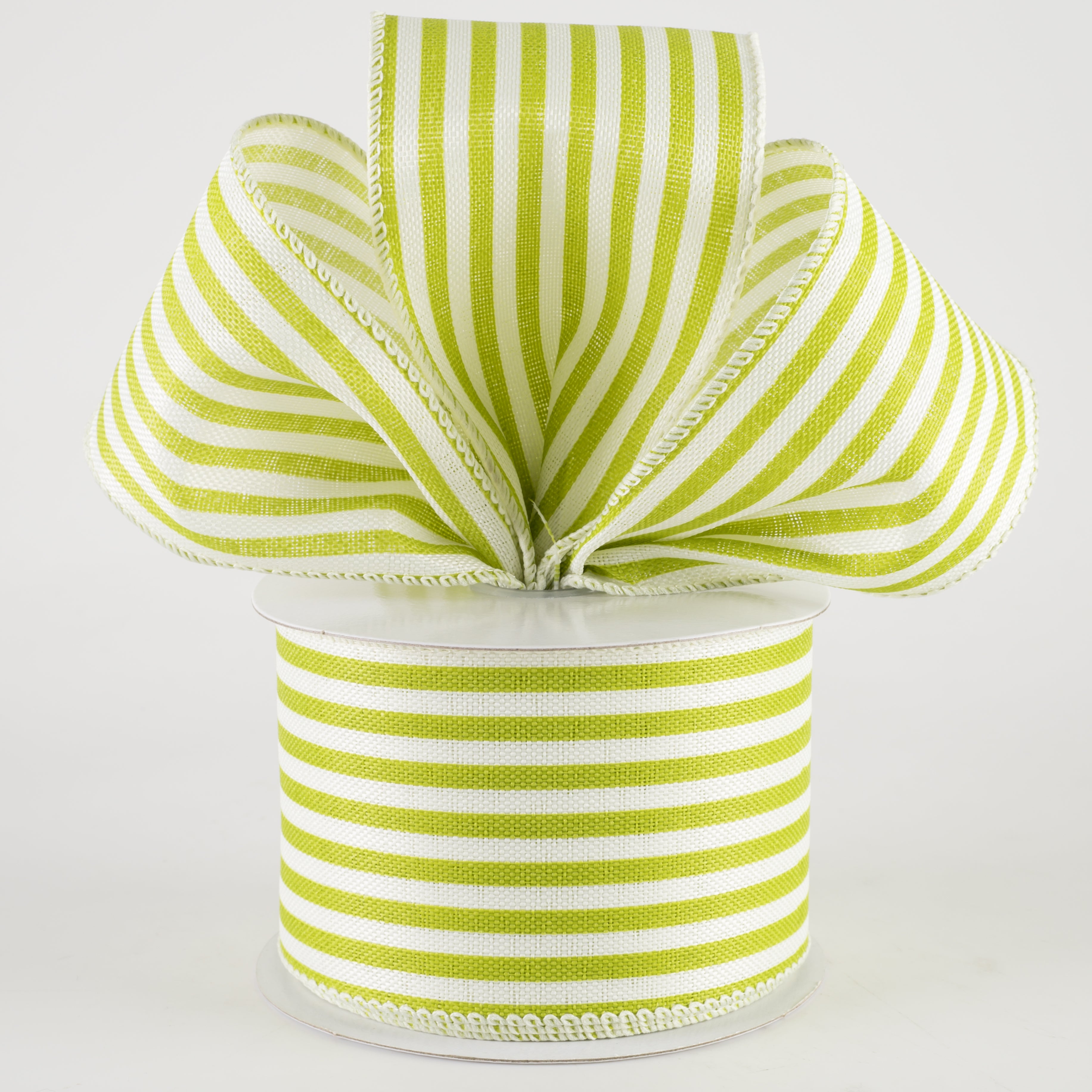 2.5" Linen Cabana Stripes Ribbon: Ivory & Kiwi Green (10 Yards) Lifestyle Photo