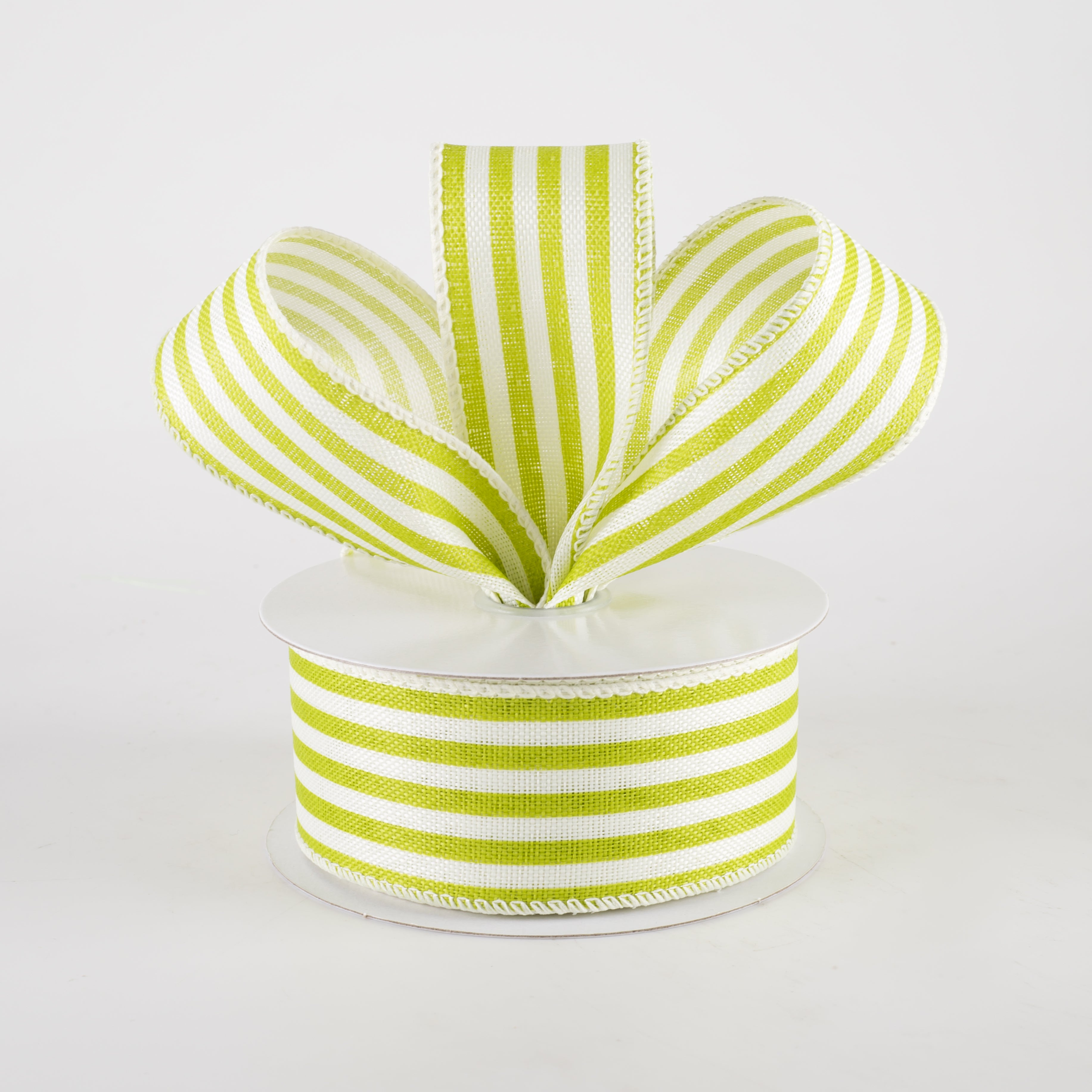 1.5" Linen Cabana Stripes Ribbon: Ivory & Kiwi Green (10 Yards) Lifestyle Photo