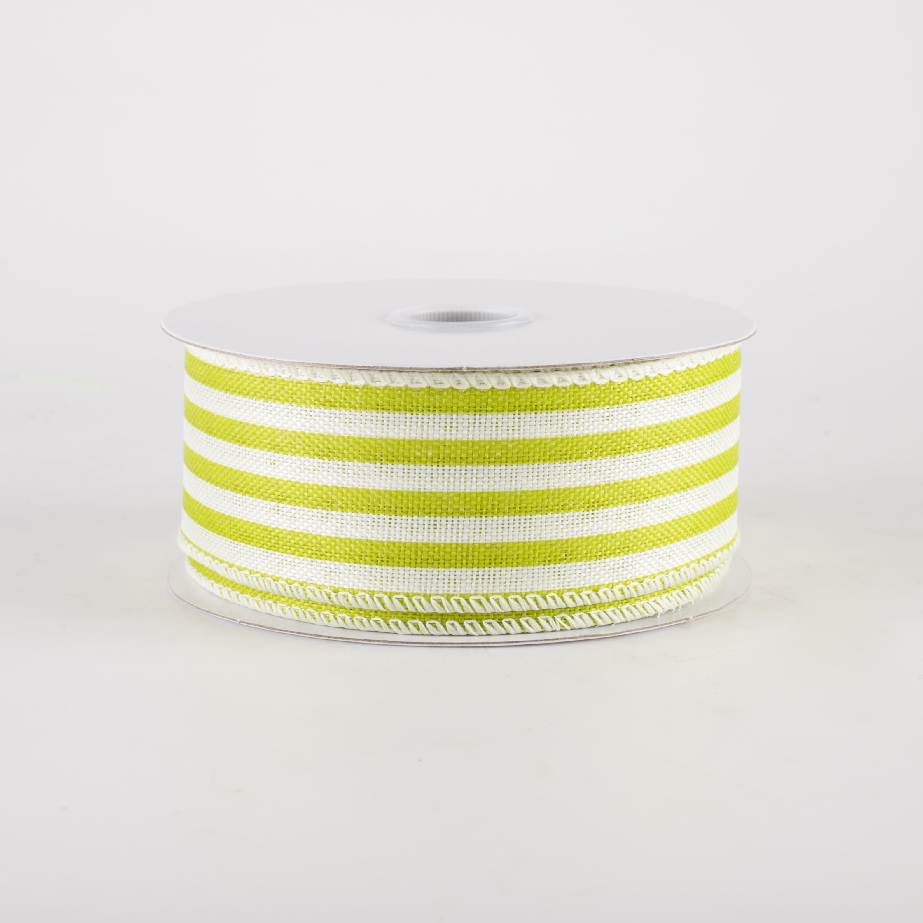 1.5" Linen Cabana Stripes Ribbon: Ivory & Kiwi Green (10 Yards) Item Number: 42428-09-29