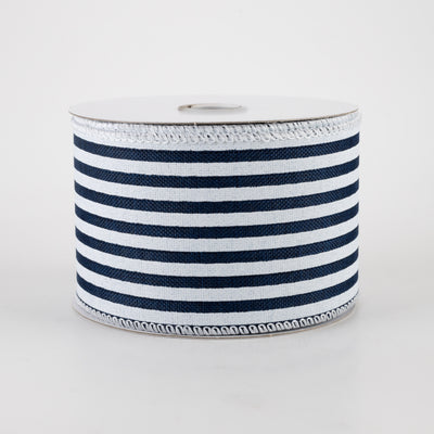 2.5" Linen Cabana Stripes Ribbon: Navy & White (10 Yards)