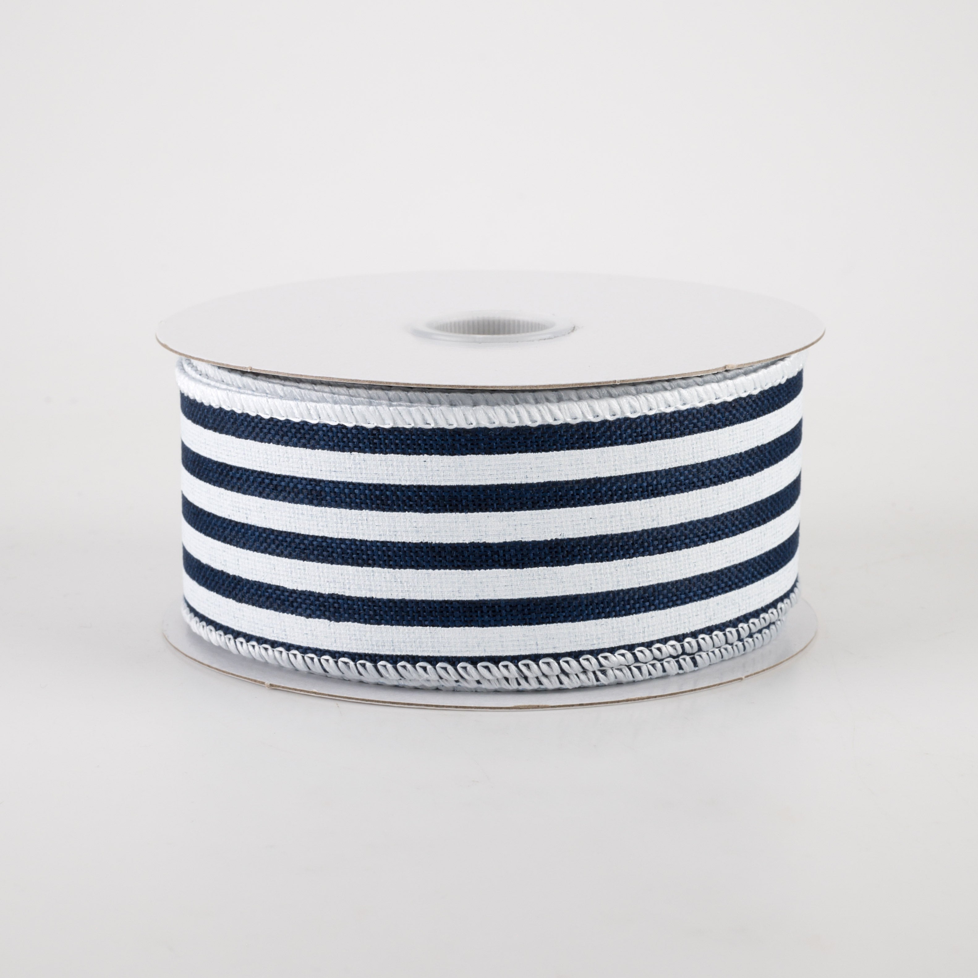 1.5" Linen Cabana Stripes Ribbon: Navy & White (10 Yards)