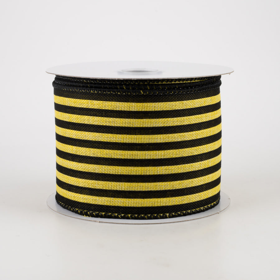 2.5" Linen Cabana Stripes Ribbon: Yellow & Black (10 Yards)