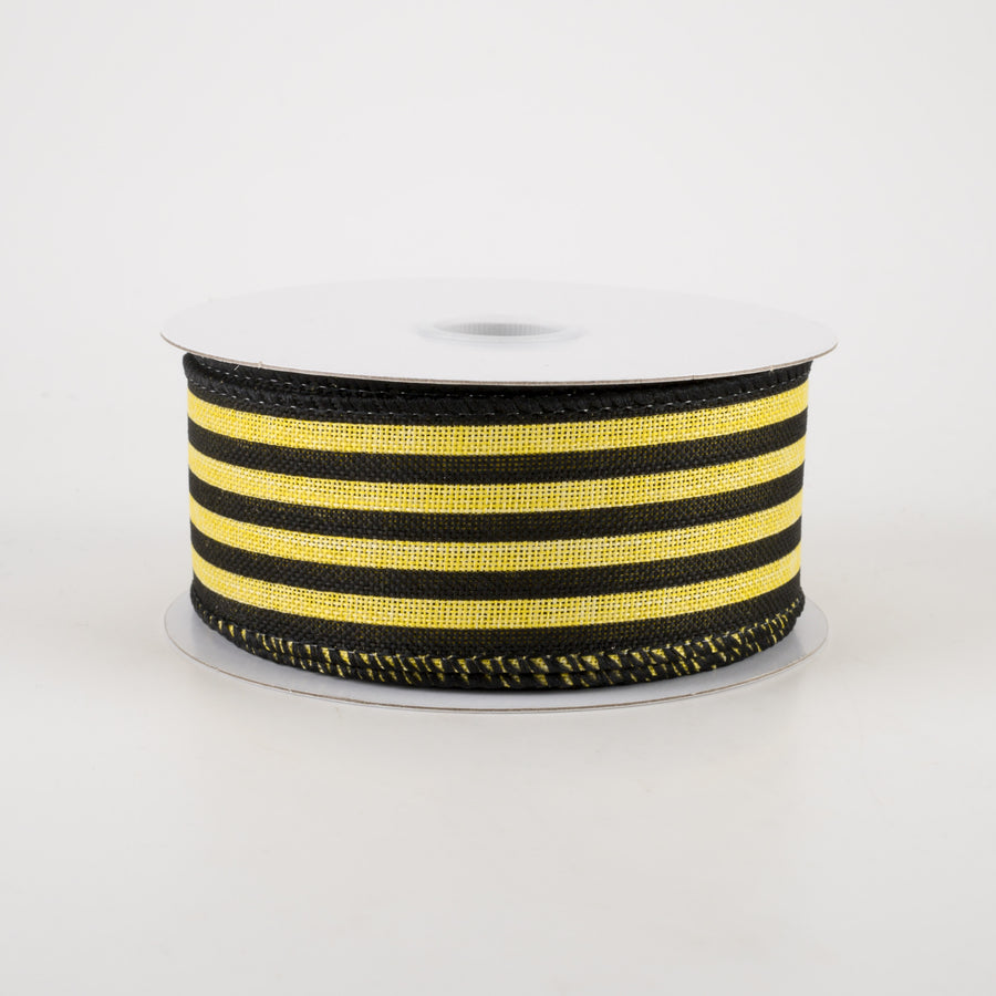 1.5" Linen Cabana Stripes Ribbon: Yellow & Black (10 Yards)
