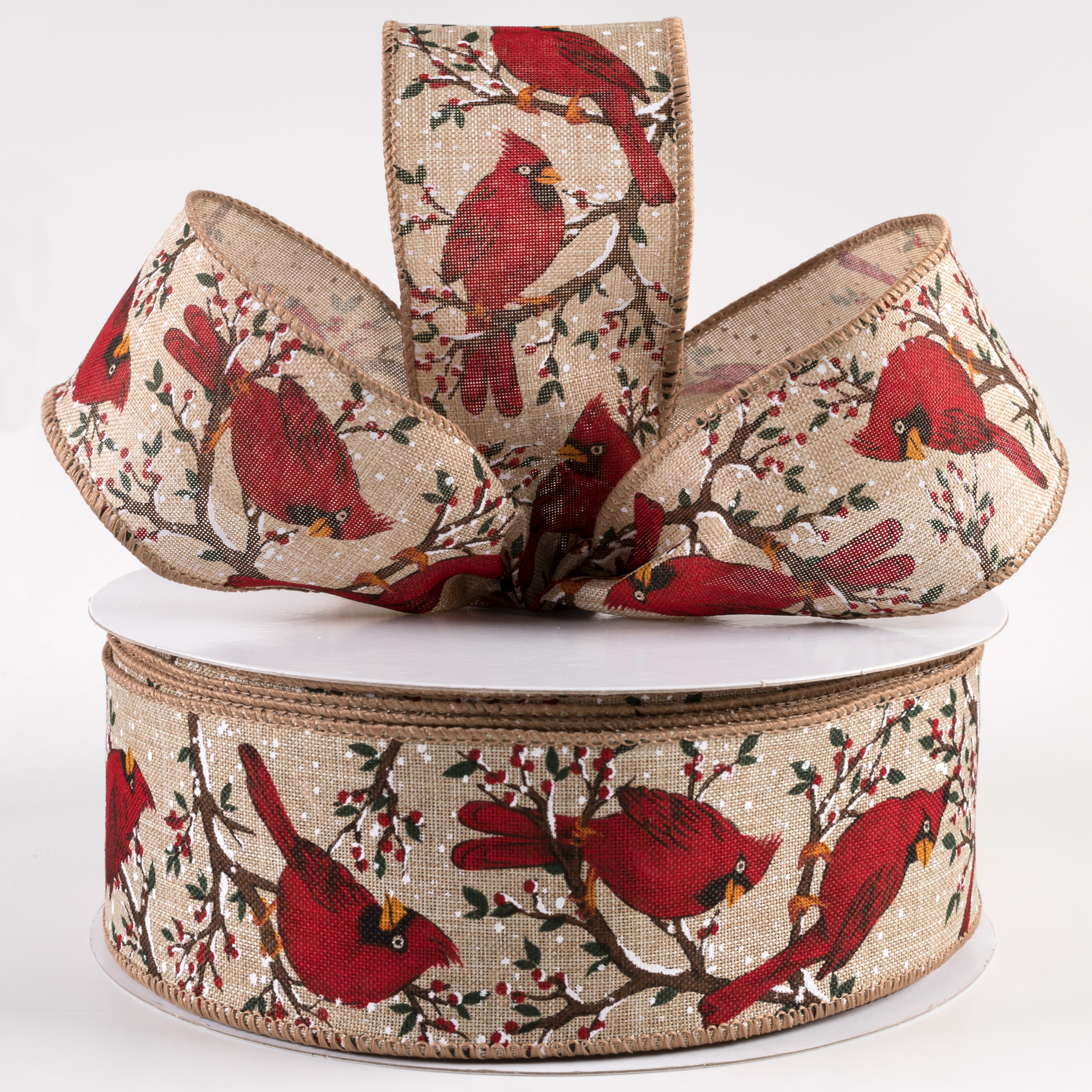 2.5" Linen Cardinals Snowy Tree Branches Ribbon: Natural (50 Yards) Lifestyle Photo