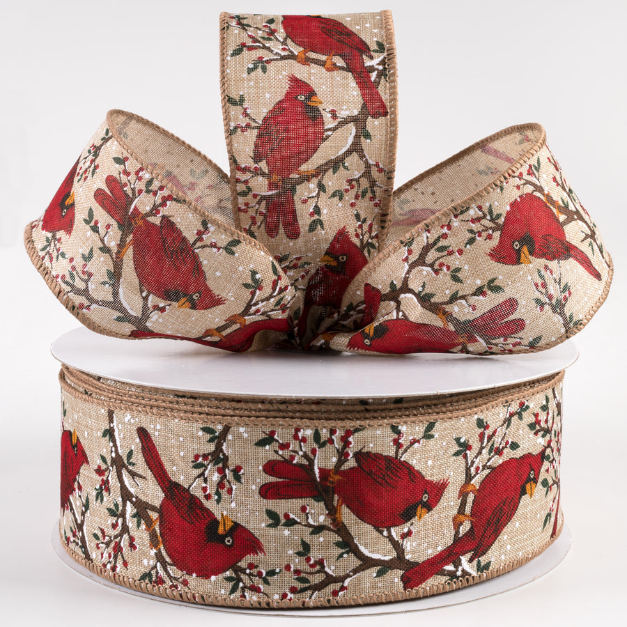 2.5" Linen Cardinals Snowy Tree Branches Ribbon: Natural (50 Yards) Lifestyle Photo