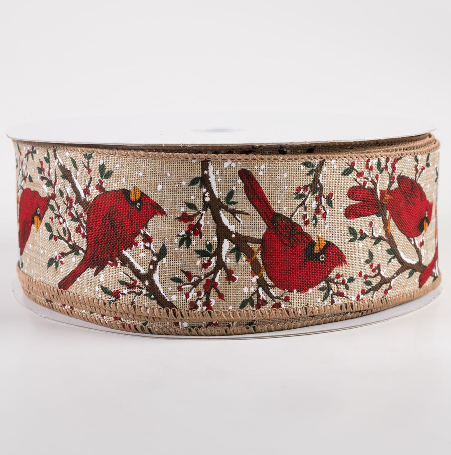 2.5" Linen Cardinals Snowy Tree Branches Ribbon: Natural (50 Yards)