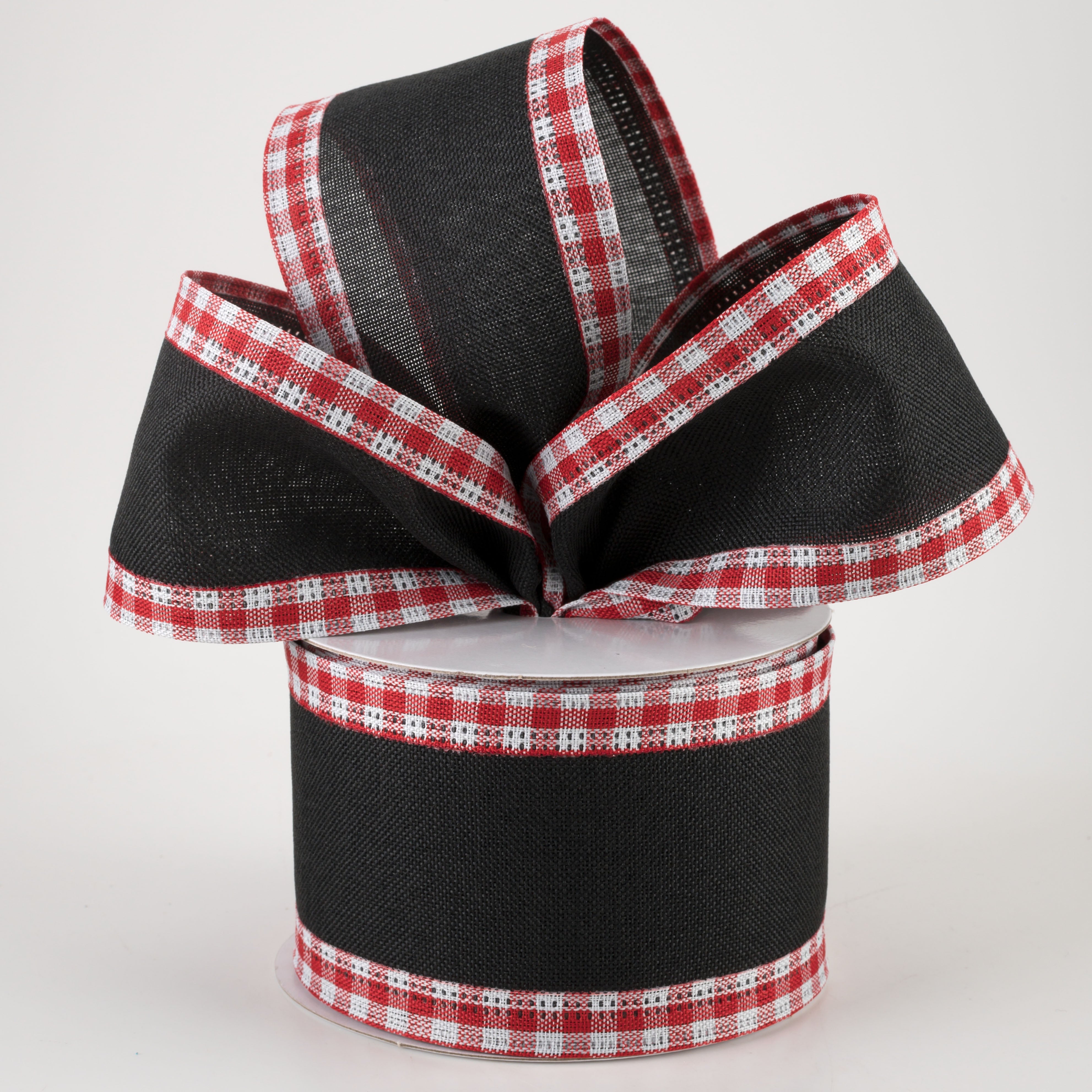 2.5" Linen Center & Gingham Edge Ribbon: Black on Red & White (10 Yards) Lifestyle Photo