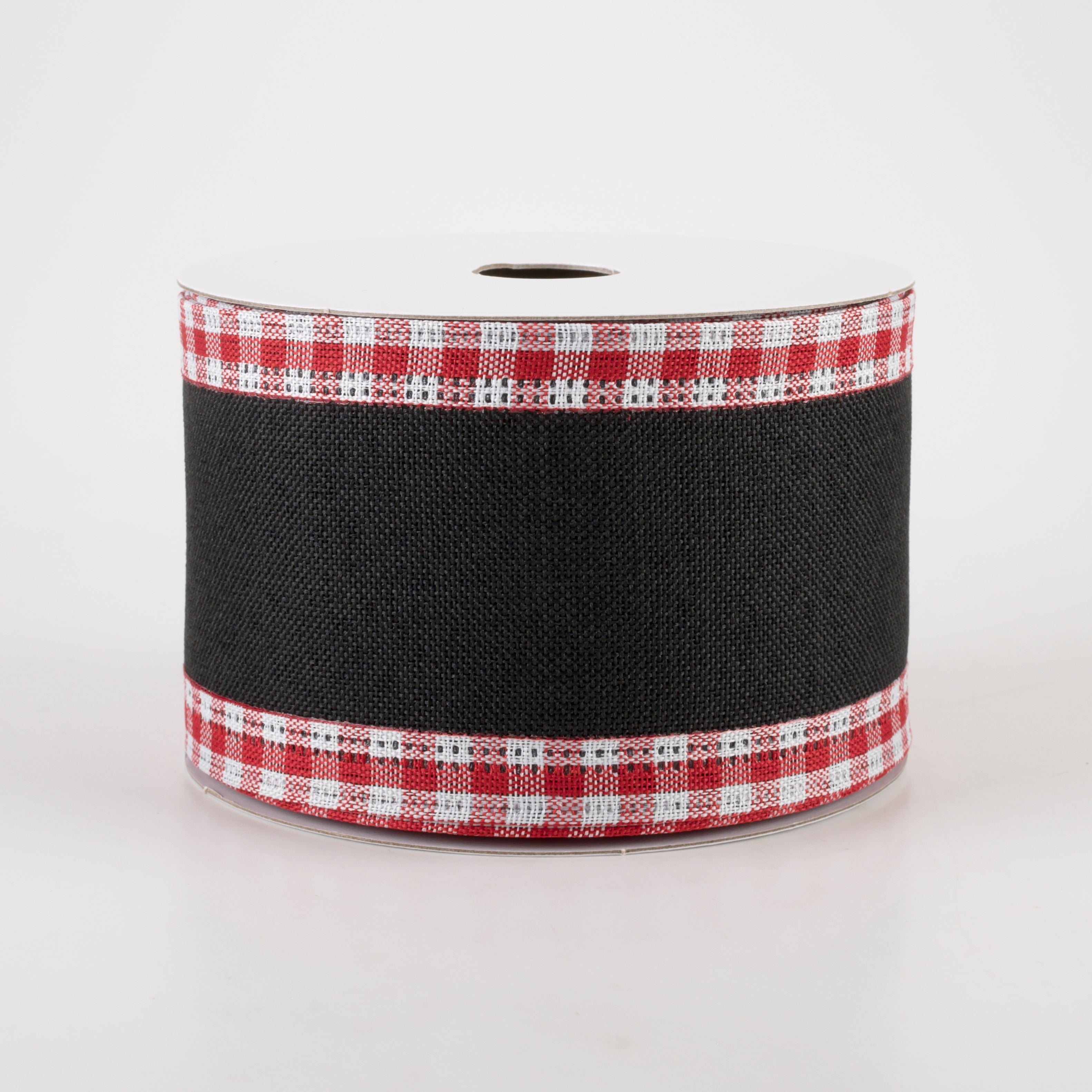 2.5" Linen Center & Gingham Edge Ribbon: Black on Red & White (10 Yards)