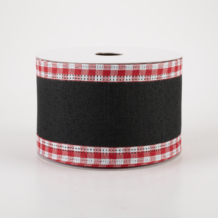 2.5" Linen Center & Gingham Edge Ribbon: Black on Red & White (10 Yards)