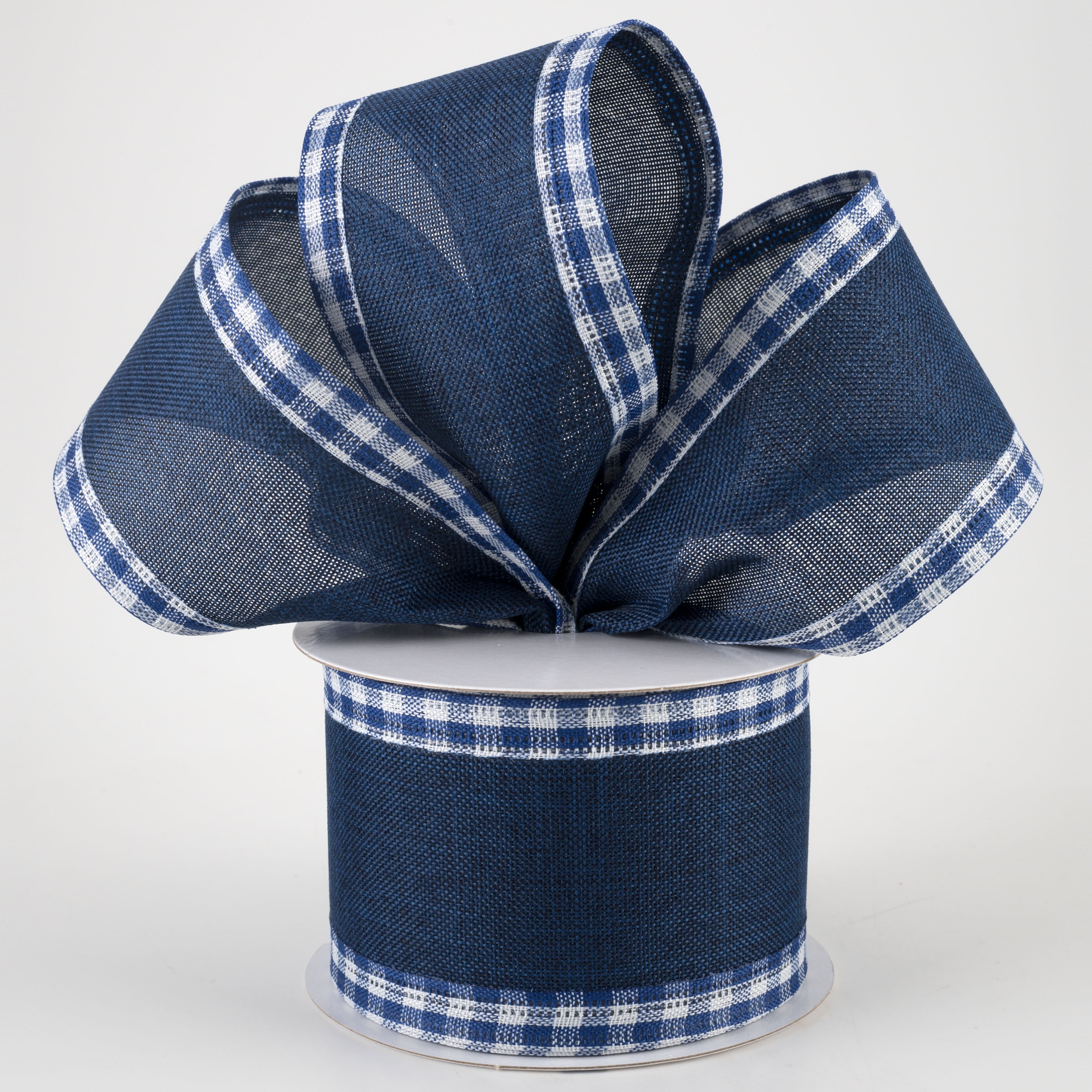 2.5" Linen Center & Gingham Edge Ribbon: Navy on Blue & White (10 Yards) Lifestyle Photo