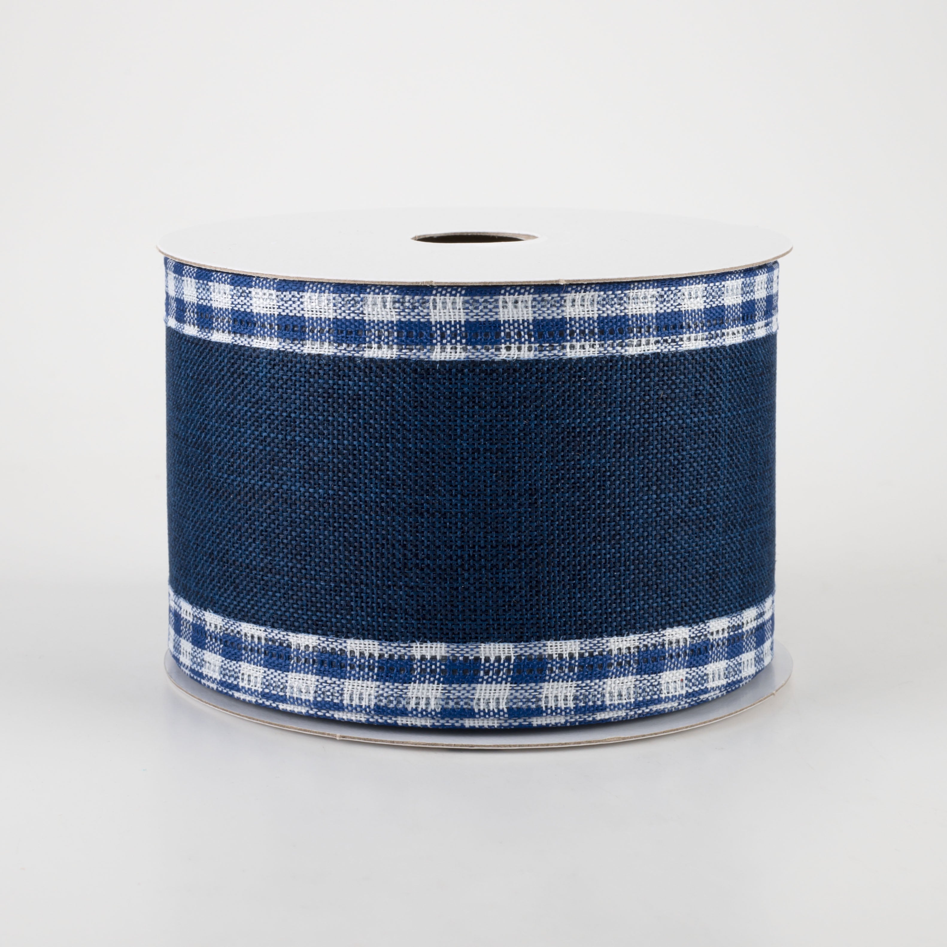 2.5" Linen Center & Gingham Edge Ribbon: Navy on Blue & White (10 Yards)