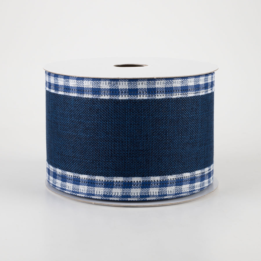 2.5" Linen Center & Gingham Edge Ribbon: Navy on Blue & White (10 Yards)