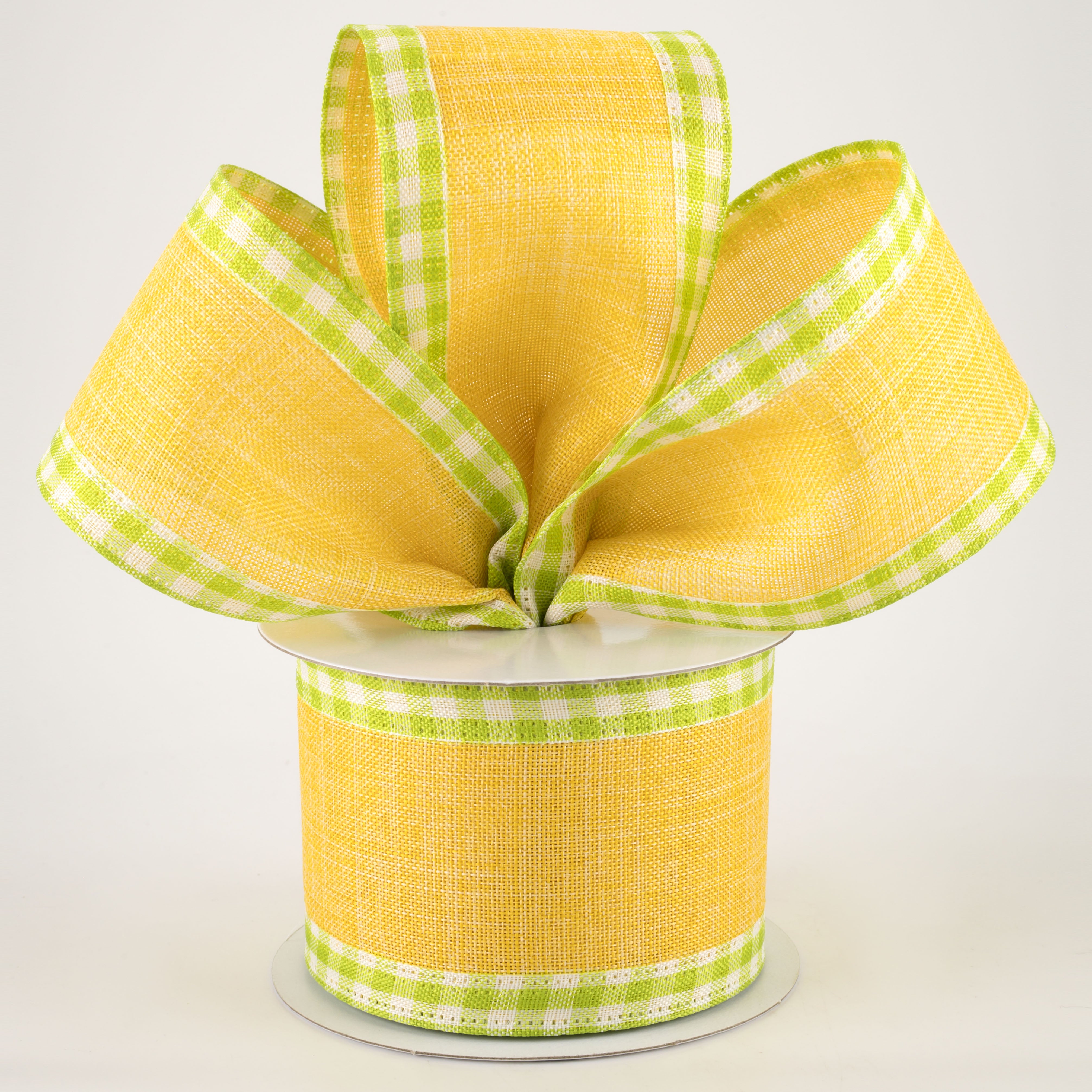 2.5" Linen Center & Gingham Edge Ribbon: Yellow on Green & White (10 Yards) Lifestyle Photo